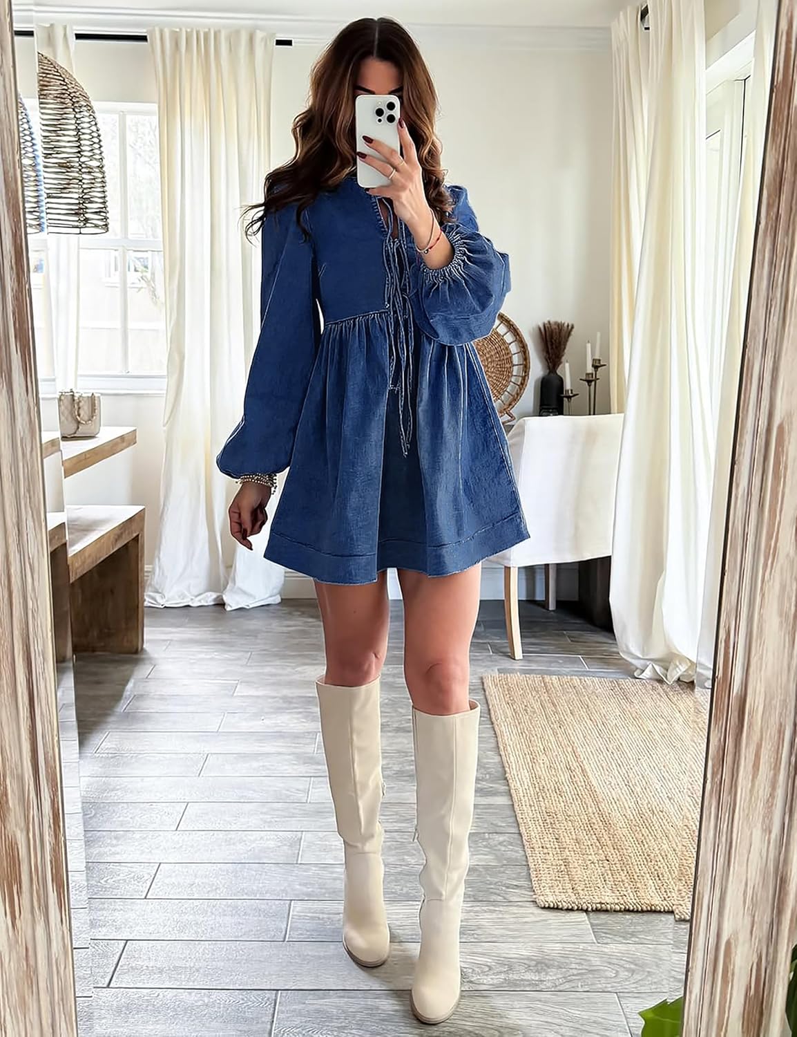 Qazel Vorrlon Denim Dress for Women Puff Short Sleeve Babydoll Jean Romper Pockets Summer Casual Blue Dresses 2025 Trendy - Image 5
