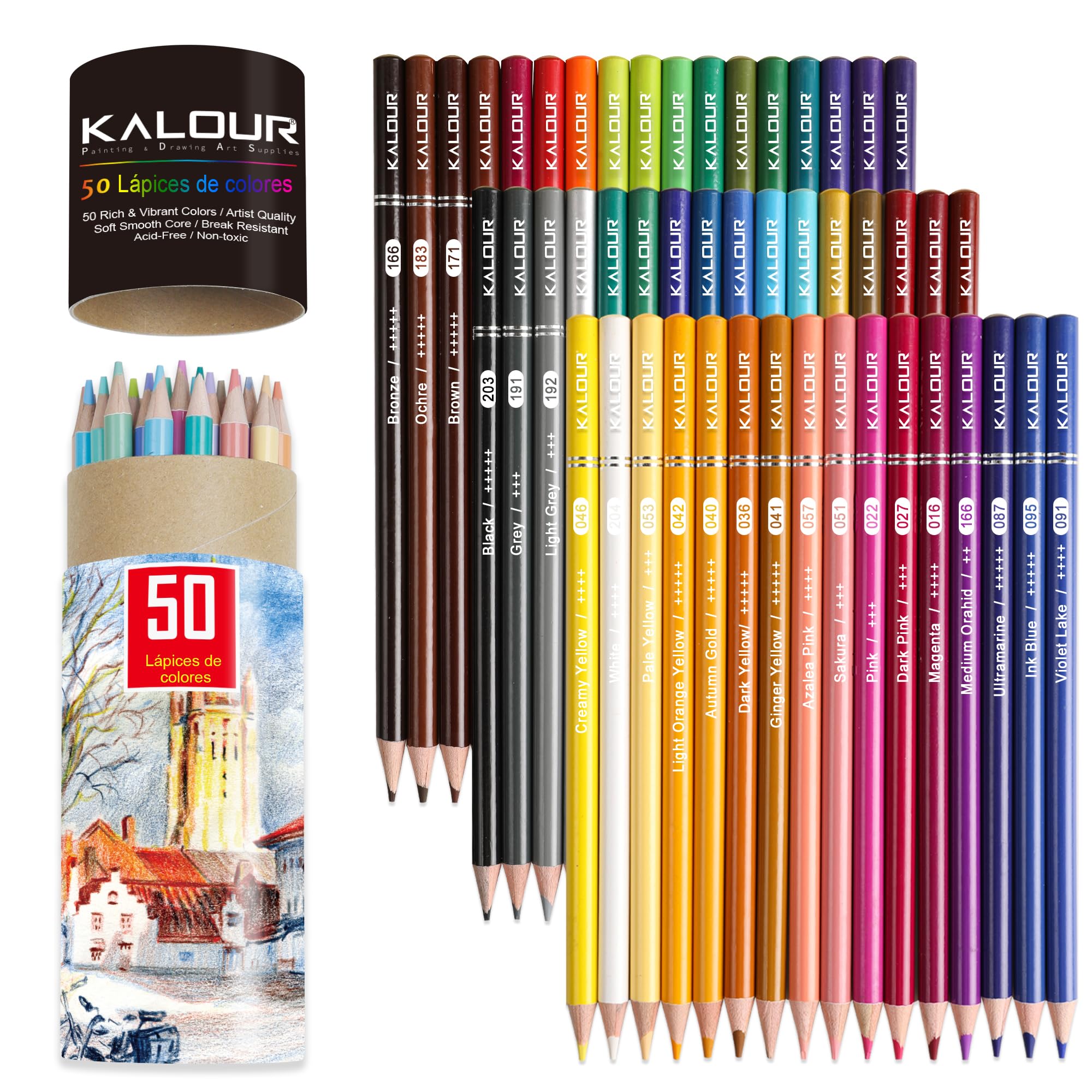 KALOUR - Set de 50 Lápices de Colores Premium, Núcleo Suave con Colores Vibrantes, Ideales para Capas, Mezcla, Sombreado, para Adultos y Principiantes