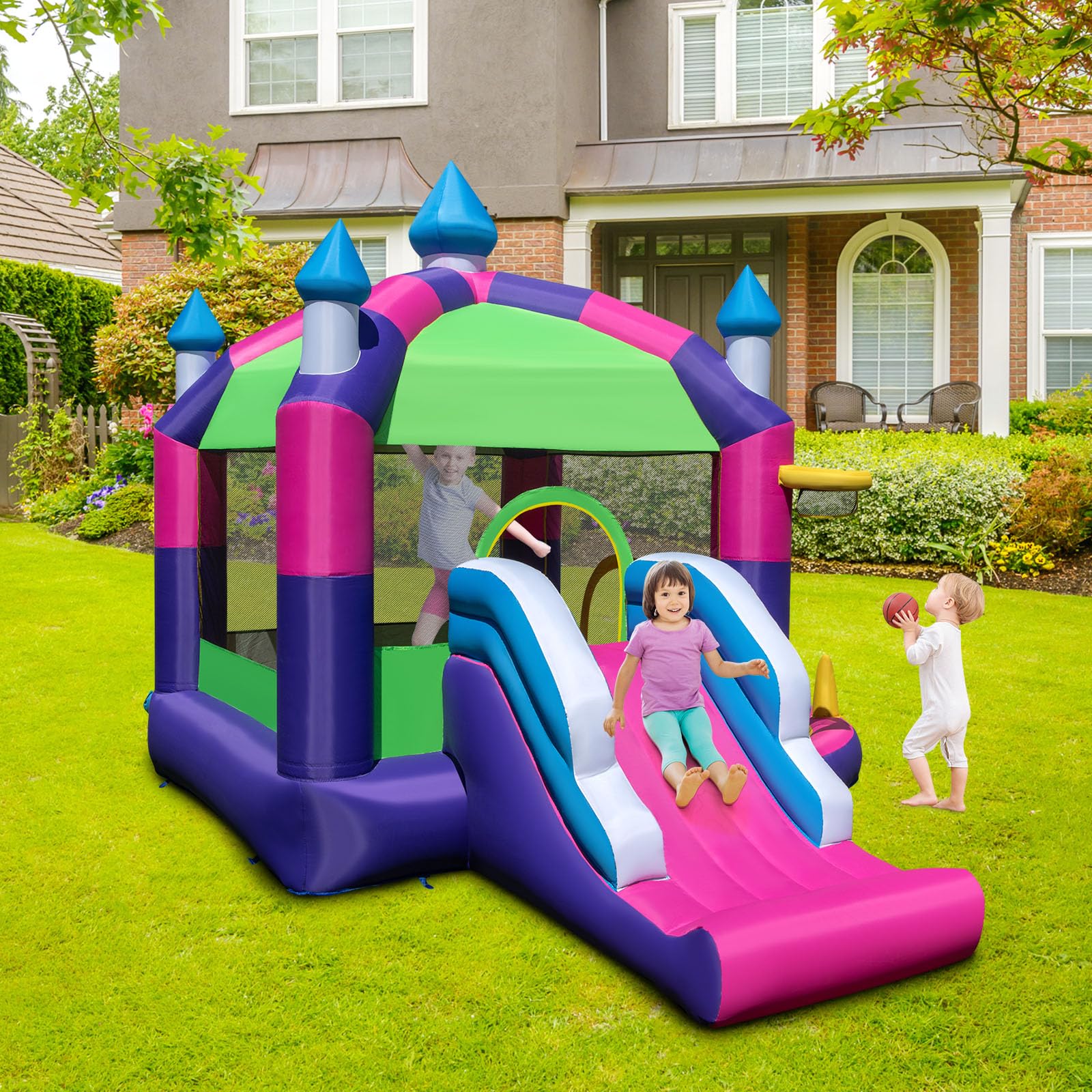 COSTWAY 5 en 1 Castillo Hinchable para Niños, Castillo Hinchable Grande con Tobogán, Piscina de Bolas, Techo Sombreado, para Niños 3-10 Años, Insuflavel Criança Interior Exterior, 385 x 332,5 x 300 cm
