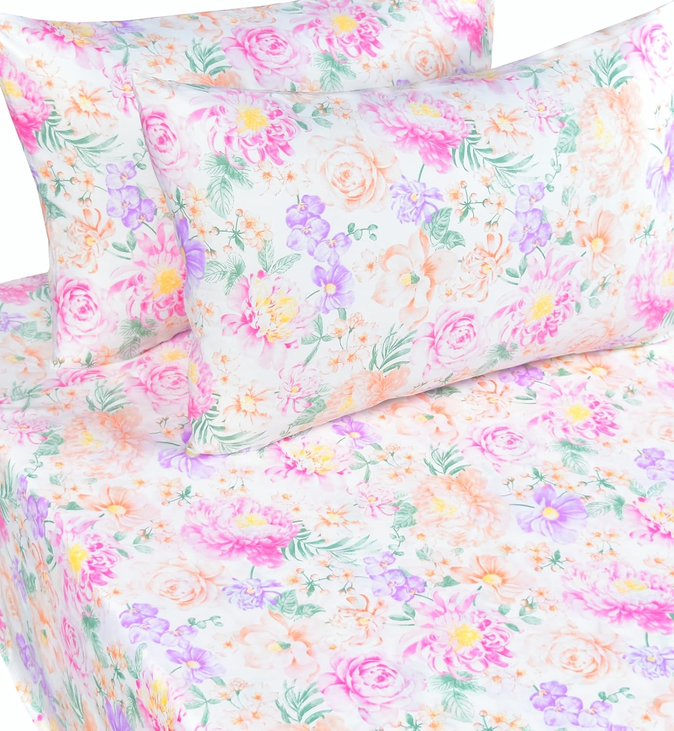 J-pinno Pink Purple Various Floral Flower Bloom Full Sheet Set Girls Kids Teens Bed Bedroom Decoration Gift, 100% Cotton, Flat Sheet + Fitted Sheet + Pillowcase Bedding Set (Flower Kiss, Full)