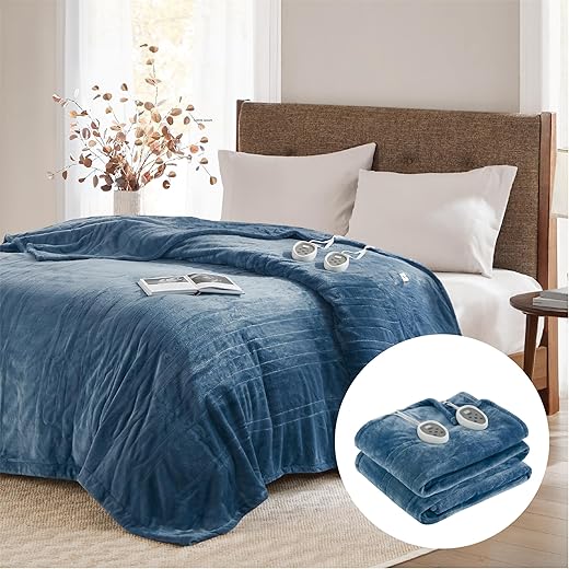 Degrees Of Comfort Electric Blanket Full Size | Single Control with Auto Shut Off | Micro Plush | Heated Blanket for Bed | Machine Washable | UL Certified - Blue, 80Wx84L