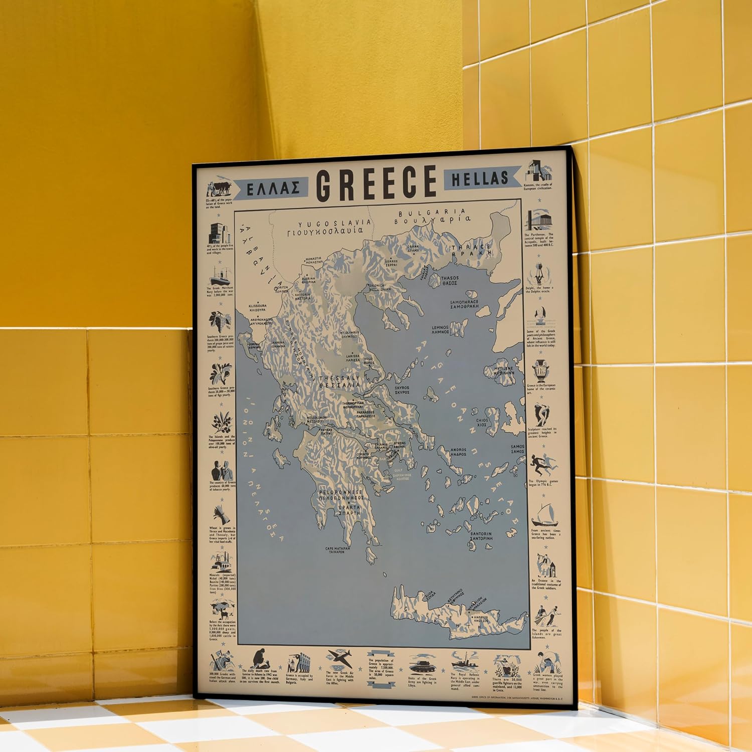 Greece Decorative Pictorial Map with Regional Vignettes, 1942 ca - Historical Map Print - 18in x 24in