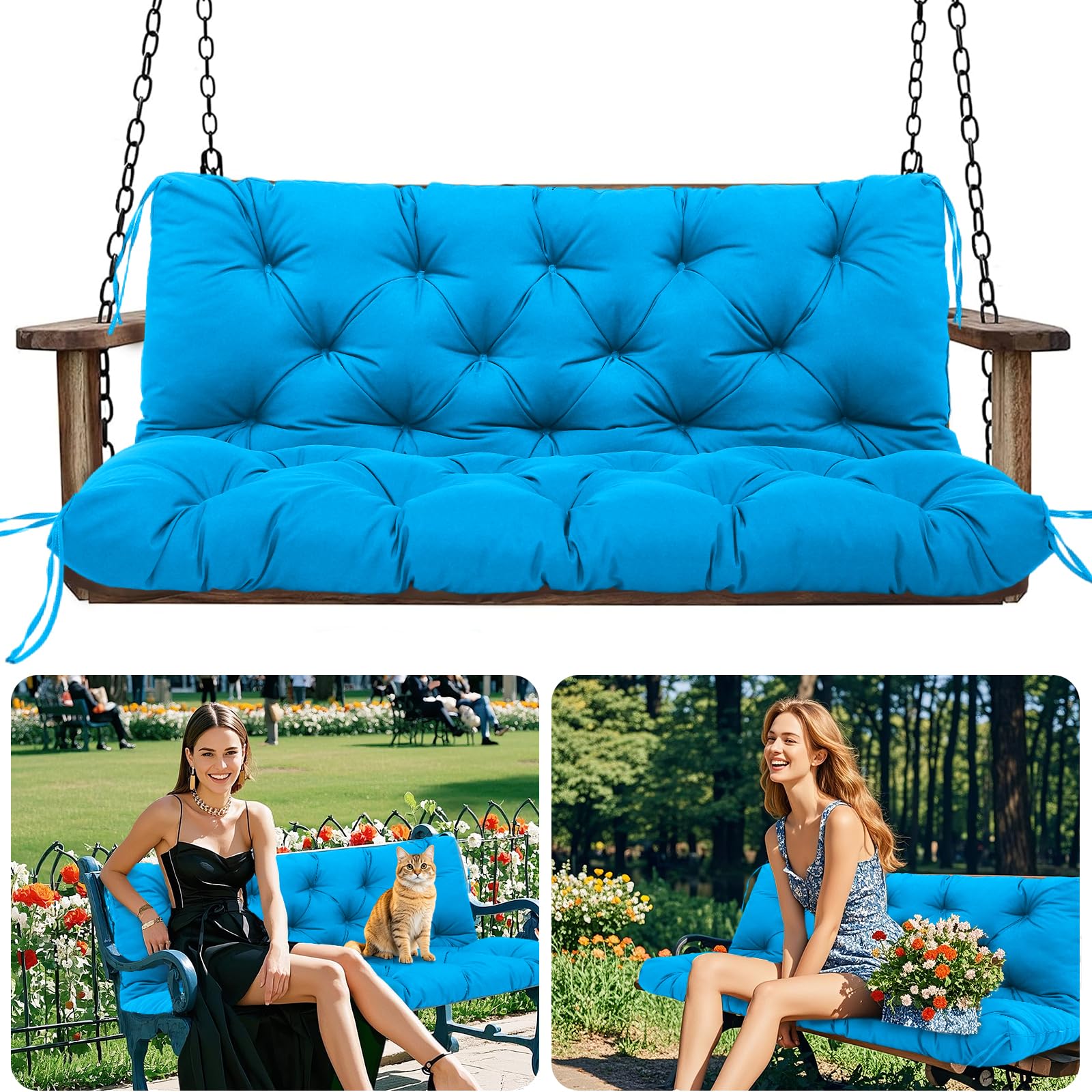 Amdieu Garden Swing Cushions 3 Seater Waterproof Bench Cushions with Backrest and 8 Ties 12cm ﻿Thick Swing Cushions Replacement for Outdoor Furniture Garden Swing Porch Patio(Lake Blue-150 x 100 cm) — image 1