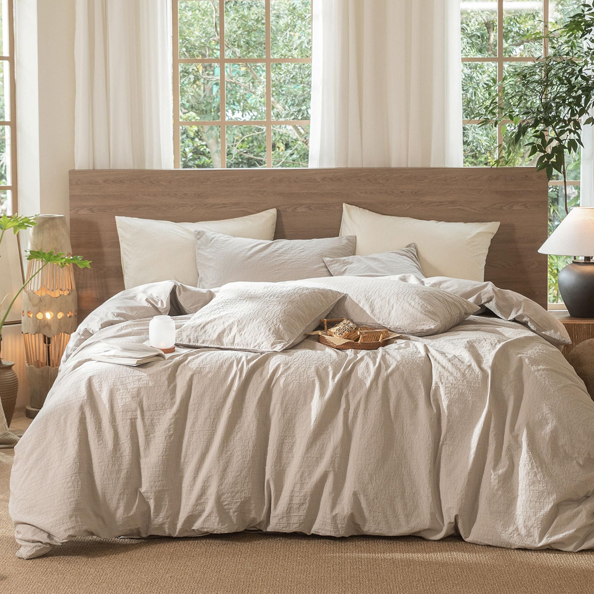 MooMee Jacquard Duvet Cover Set 100% Washed Cotton Linen Like Super Queen