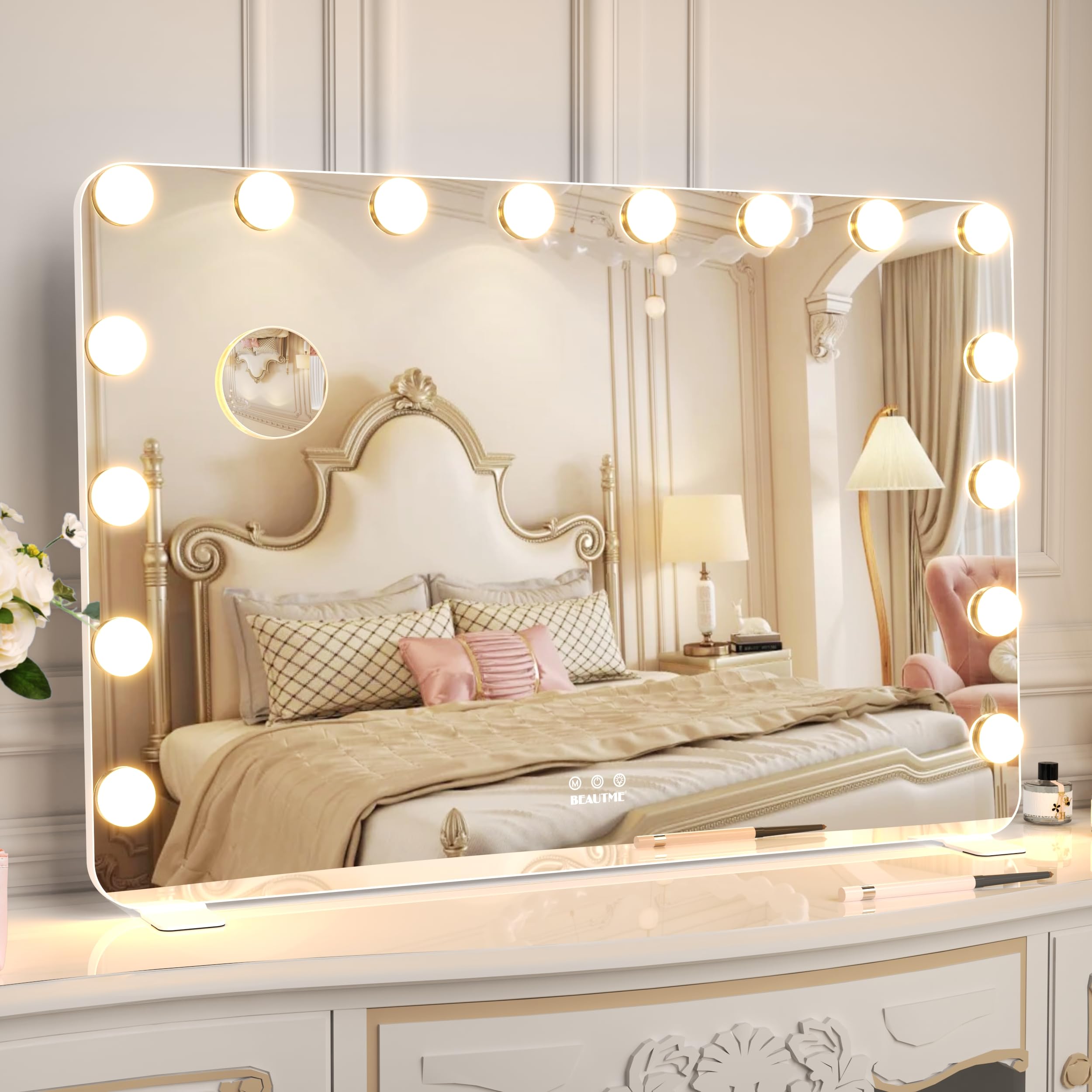BEAUTME Espejo Maquillaje con Luz Espejo Tocador, Espejo Pared, Espejo Maquillaje, Espejo con Luz 3 Modos, Espejo Aumento, Tocadores Maquillaje, Espejo Tocador con Luz Grande, 91,1 × 61,6 cm,Blanco