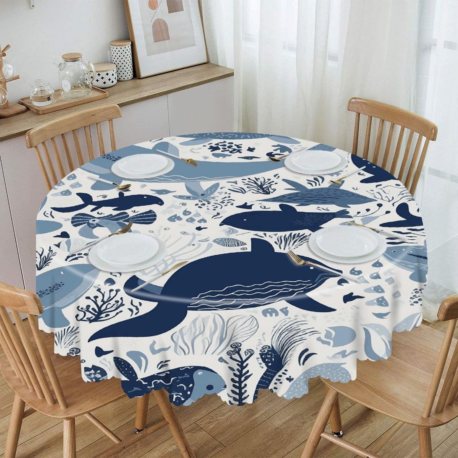 LZQPOEAS Turtle Octopus Pattern Ocean Theme Round Tablecloth Rustic Circle Table Cloth Wrinkle Resistant Decor Tablecloth Waterproof Washable Table Cover for Kitchen Party Dining Table 60 Inch