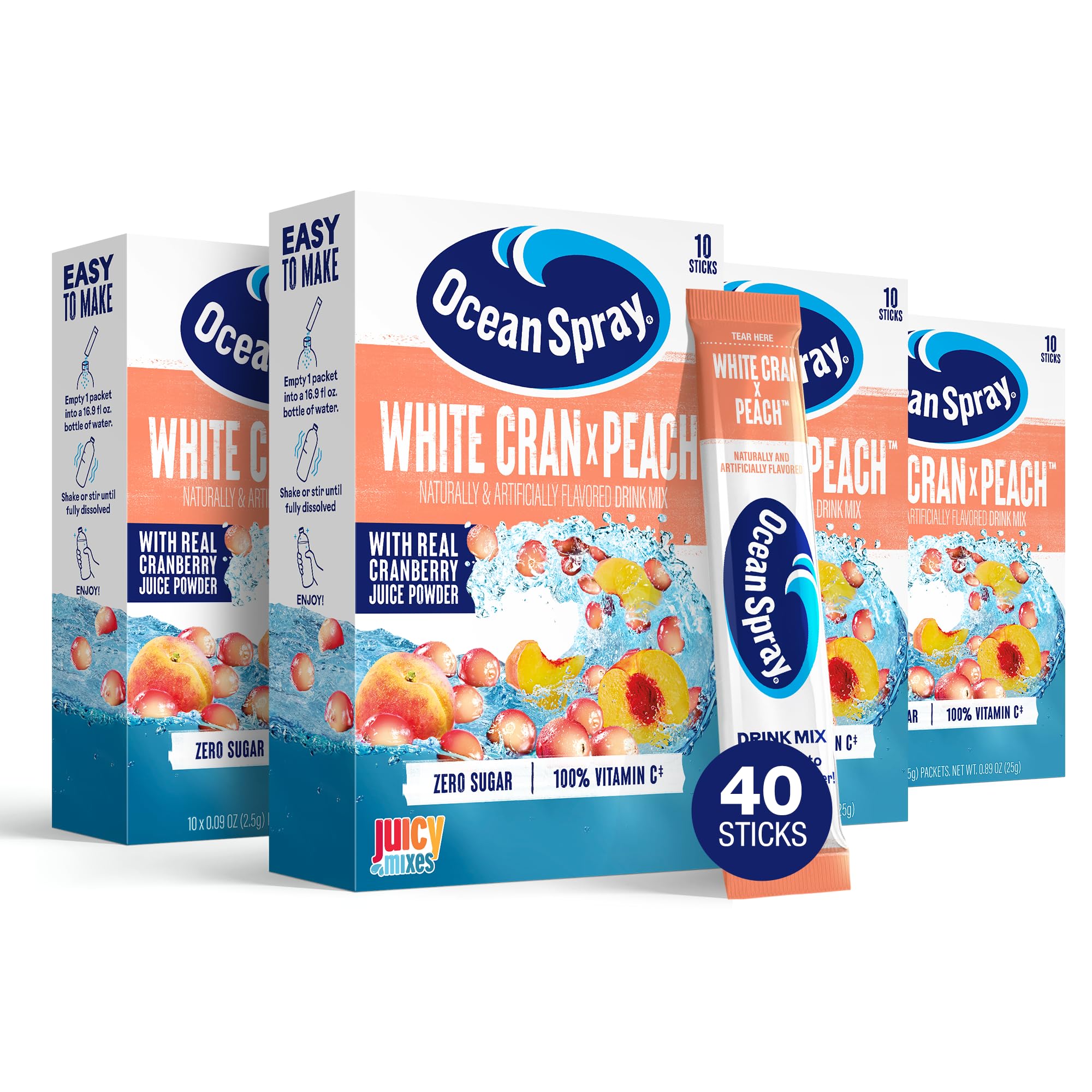 Ocean Spray® White Cran-Peach™ Zero Sugar Powder Drink Mix Packets with Real Cranberry Juice Powder, 100% Vitamin C, No Synthetic Dyes, Juicy Mixes (40ct)