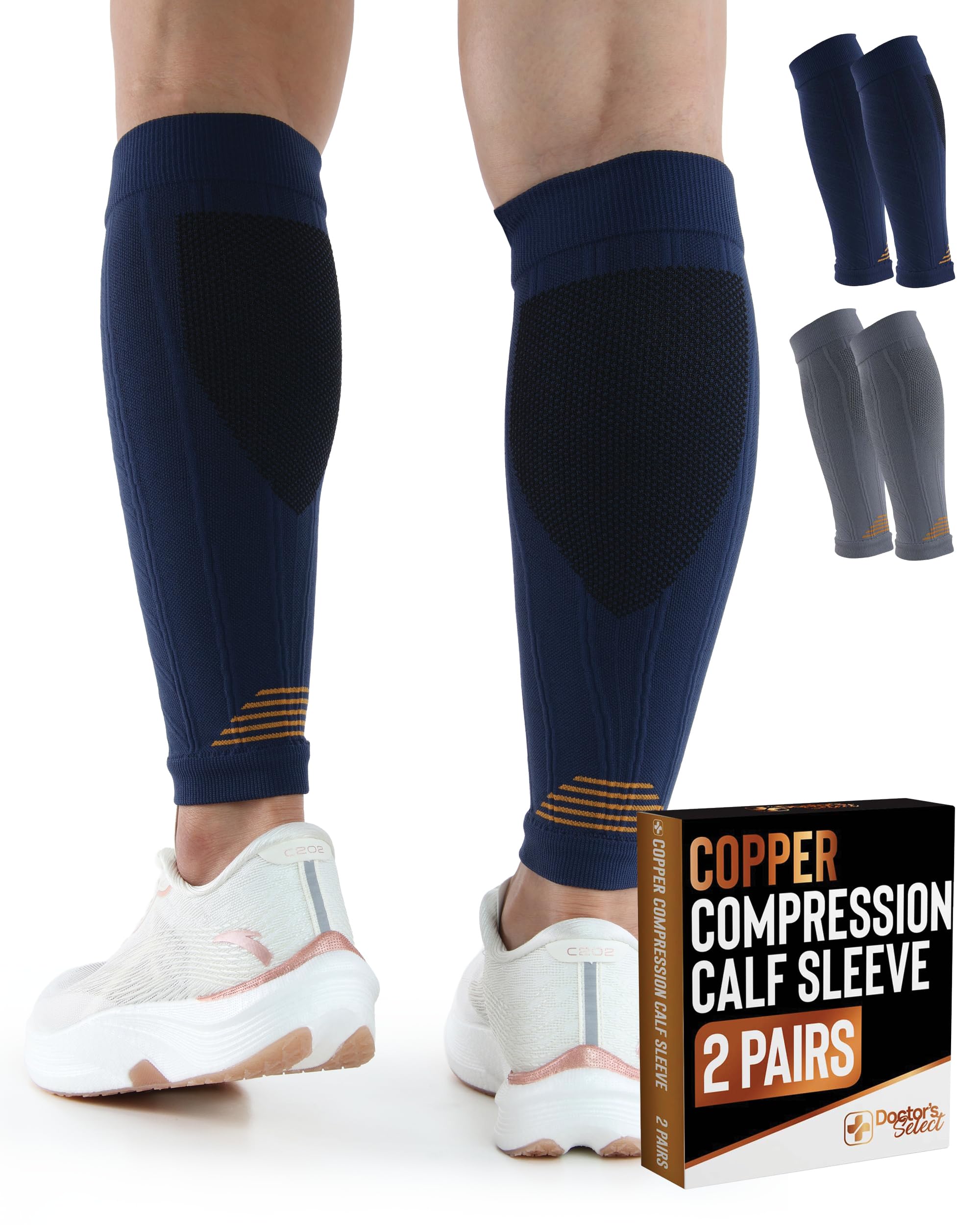 Doctor's Select 2 Pairs Copper Calf Compression Sleeve - Leg Compression Sleeves for Women &amp; Men, Shin Splint Relief