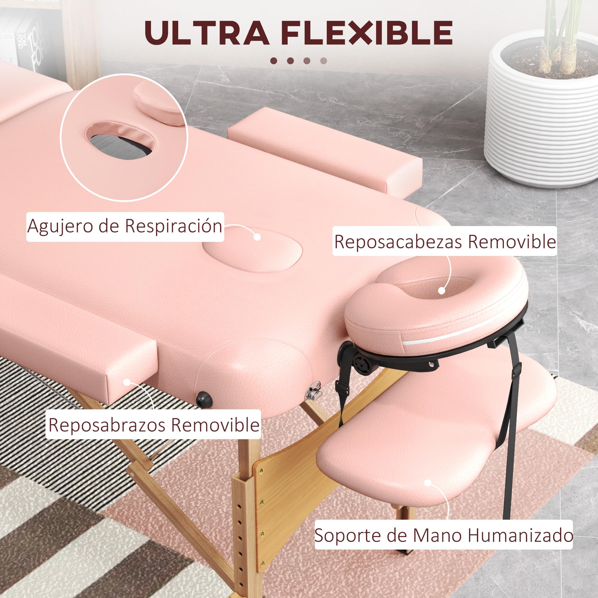 HOMCOM Camilla de Masaje Plegable 210x81 cm Camilla Estética Profesional con Reposacabezas Extraíble 2 Zonas Asa y Marco de Madera con Altura Regulable y Bolsa de Transporte Rosa