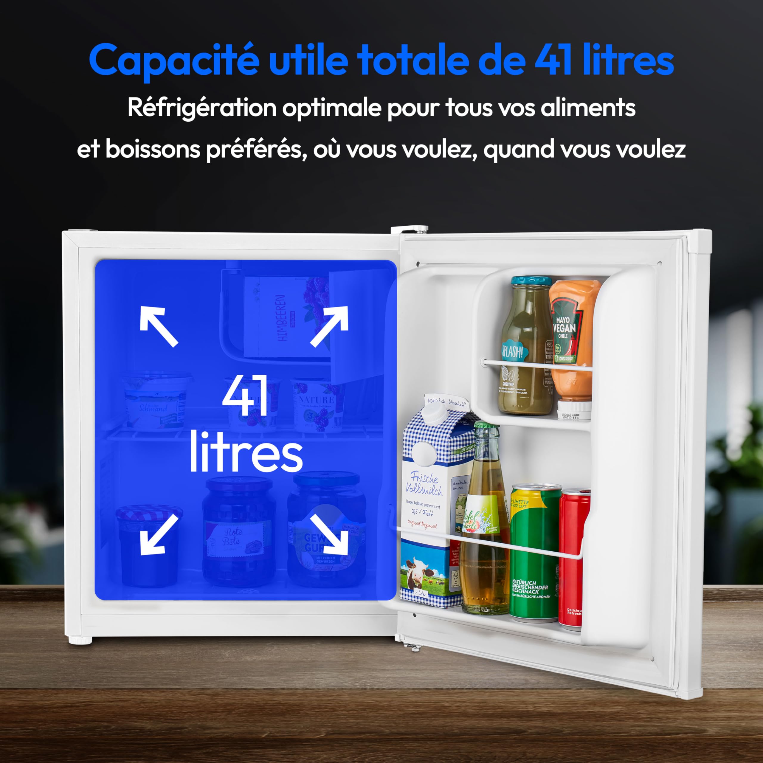 MEDION mini réfrigérateur (avec compartiment à glace, 41 litres de volume utile, petit, pieds réglables en hauteur, pour boissons aliments glace, charnière de porte interchangeable, MD37724) blanc