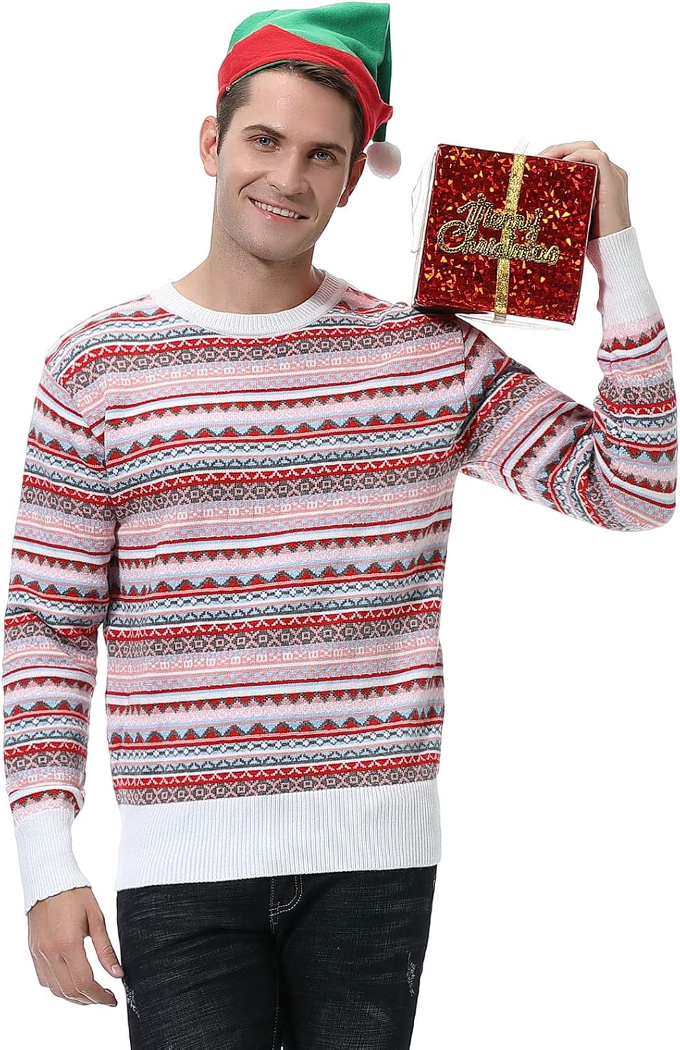 Gyabnw Maglione di Natale Donna Maglione Manica Lunga in Girocollo Stile Nordico Natalizio per Famiglia Pullover Invernale Elegante in Elasticizzato Caldo XXL Bianco/ Uomo - Immagine 2