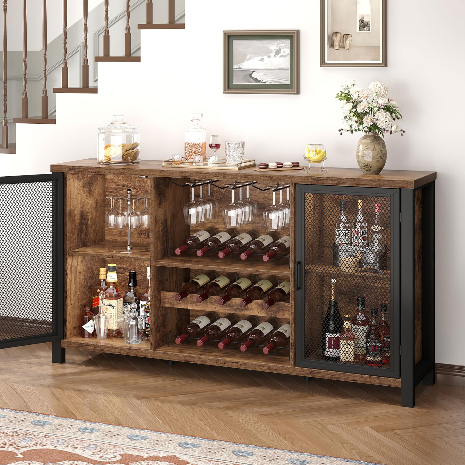 IBF Weinschrank Barschrank mit Weinregal und Glashalter Industrial Küchenschrank Kaffeebarschrank Sideboard Weinbarschrank für Küche Esszimmer Wohnzimmer Eingangsbereich,140 cm Rustikales Braun
