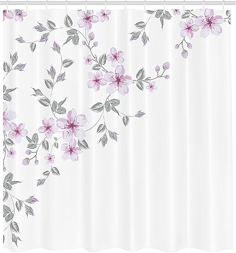 Miniatura 2 de Ambesonne Cortina de ducha asiática, ramas de cerezo Sakura japonés, naturaleza fresca y serena de primavera, juego de decoración de baño de tela