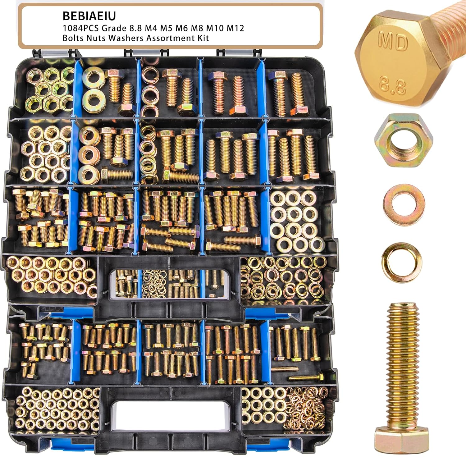 1084pcs Metric Bolt Assortment – 8.8 Grade, M4 M5 M6 M8 M10 M12 Heavy Duty Hex Bolts and Nuts Kit, Yellow Zinc Plating for Outdoor, Durable Storage Case, Ideal for DIY, Automotive, Length: 12-40mm