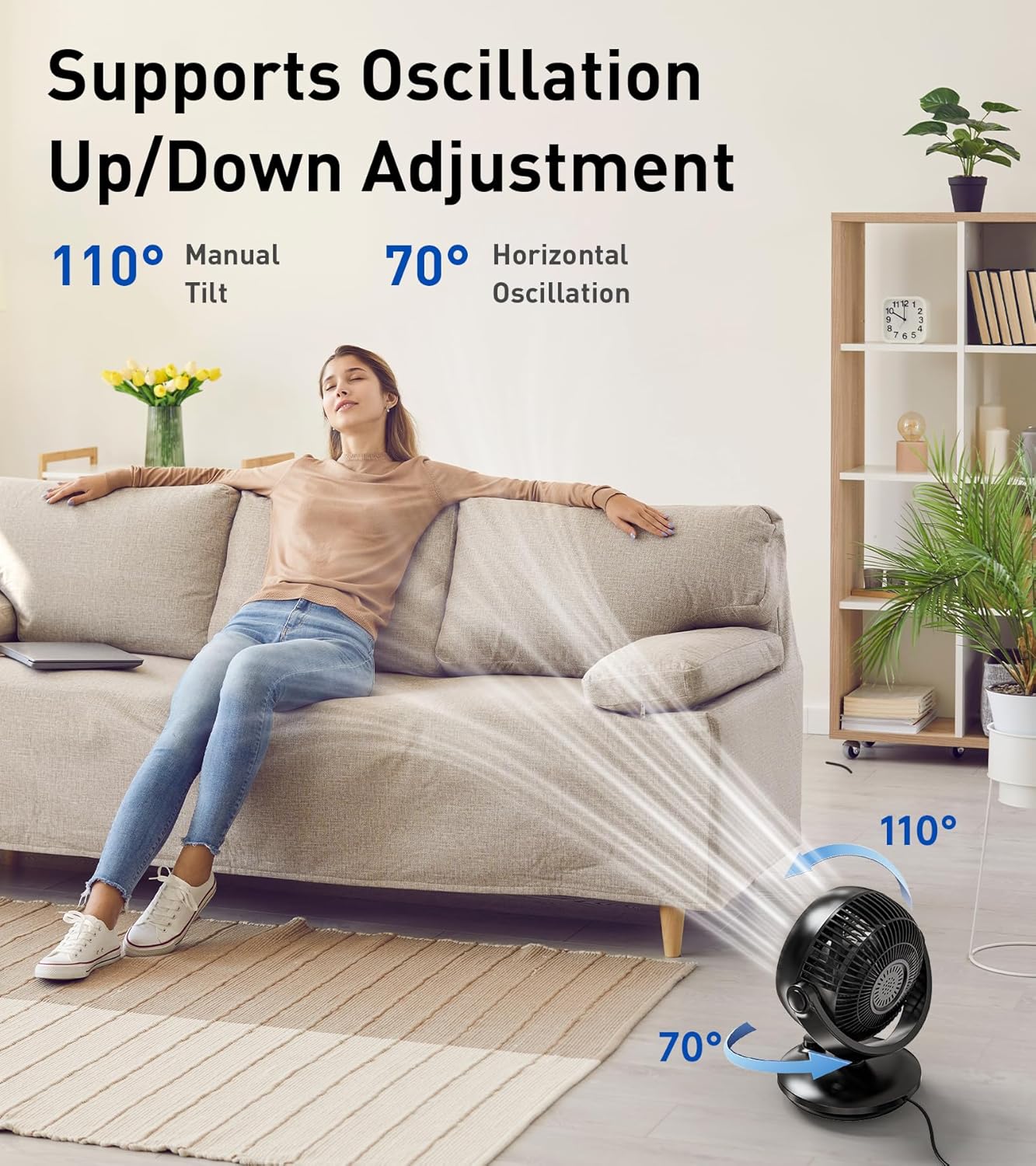 Desk Air Circulator Fan, Fan for Bedroom, Auto Oscillating Table Fans, 11 Inch, 3 Speeds, 28 db, for Quiet Fans for Whole Room/Home/Office/Dorm/Kitchen