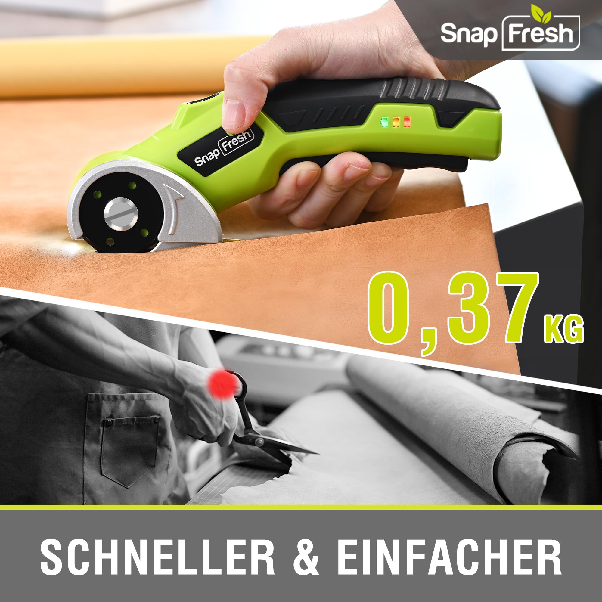 SnapFresh Kartonschneider Akku Elektrische Schere Rollschneider Kabelloser Universalschneider mit 2 Selbstschärfenden SKS7-Klingen & LED-Licht – Schneidet Karton, Papier, Teppich, Leder, Filz, PVC