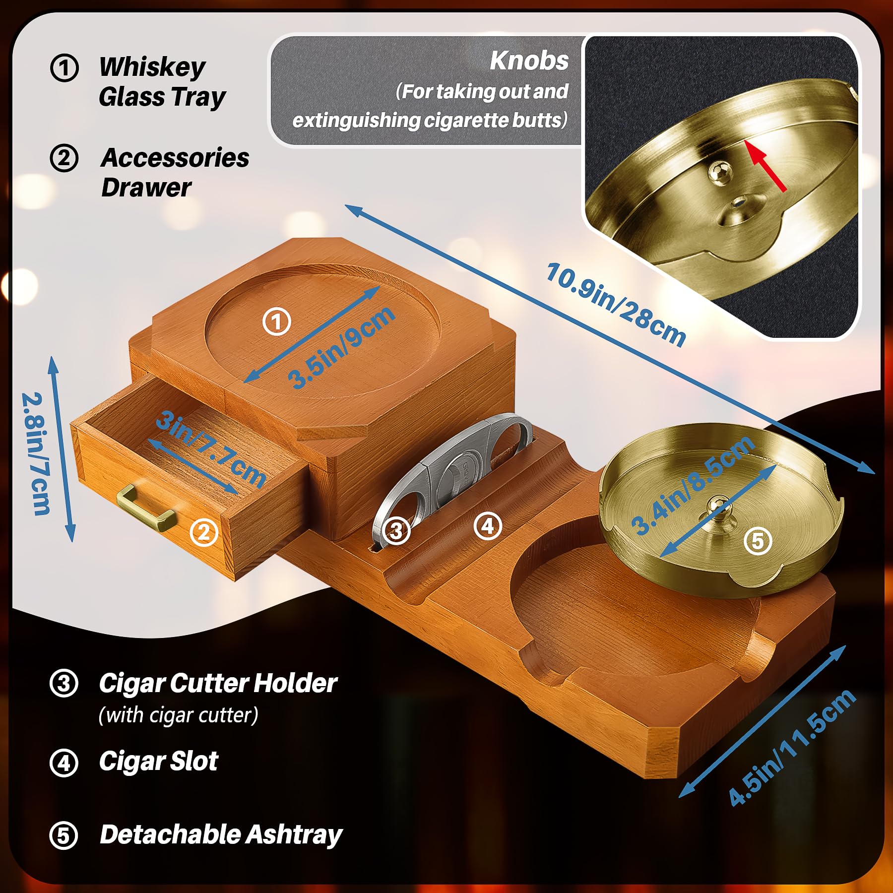 Grovind Cigar Ashtray Gift Set with Cigar Cutter, Whiskey Glass Tray and  Wooden Ash Tray Outdoor Ashtray for Cigarettes, Cigar Accessories Great  Decor