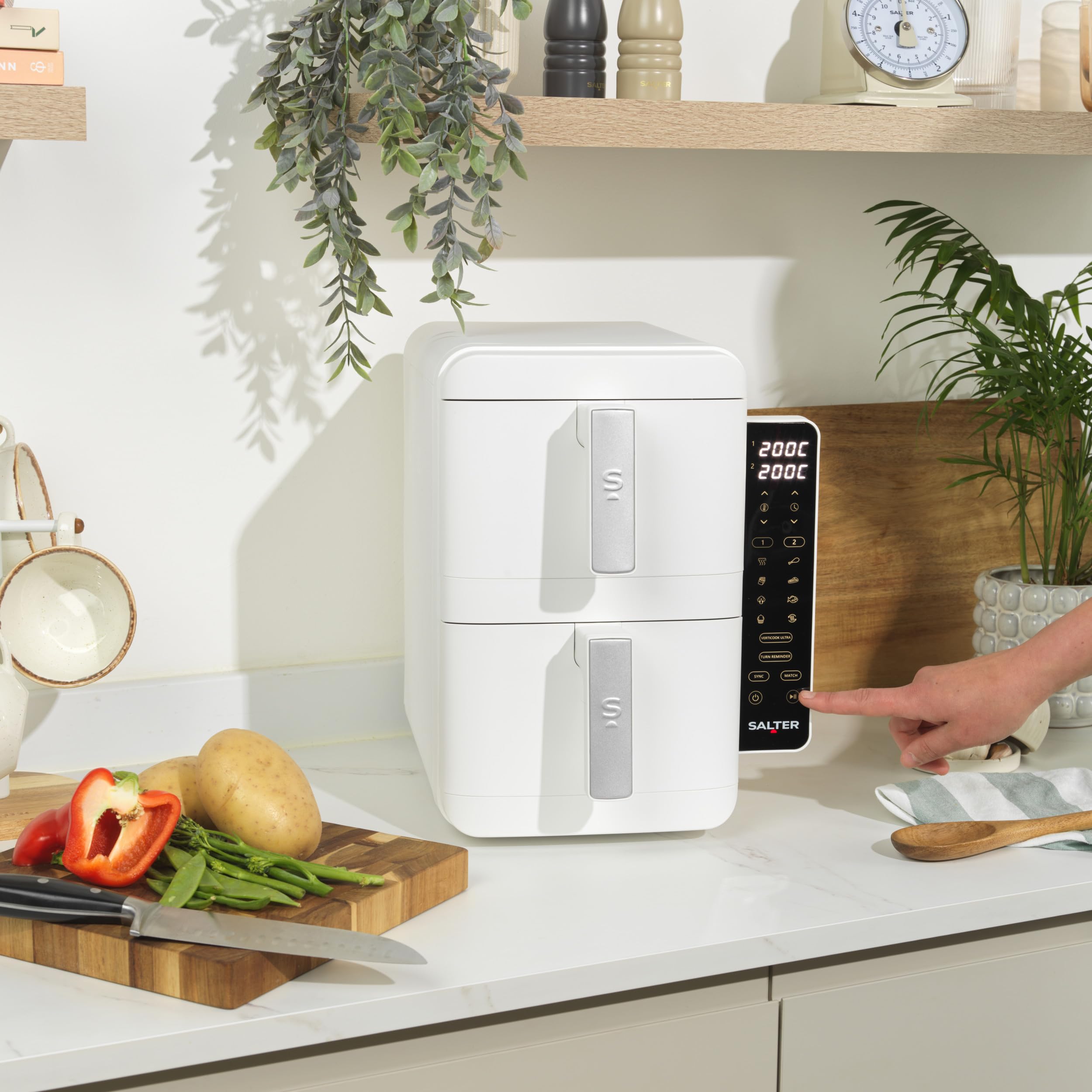 Salter VertiCook Ultra Stackable Air Fryer - Cocina vertical, 9L, 2 x 4.5L cestas y rejillas, 9 funciones, Sincronizar y combinar, Bandeja de parrilla libre de PFAS, Ahorro de espacio, 60-230°C, 2400W