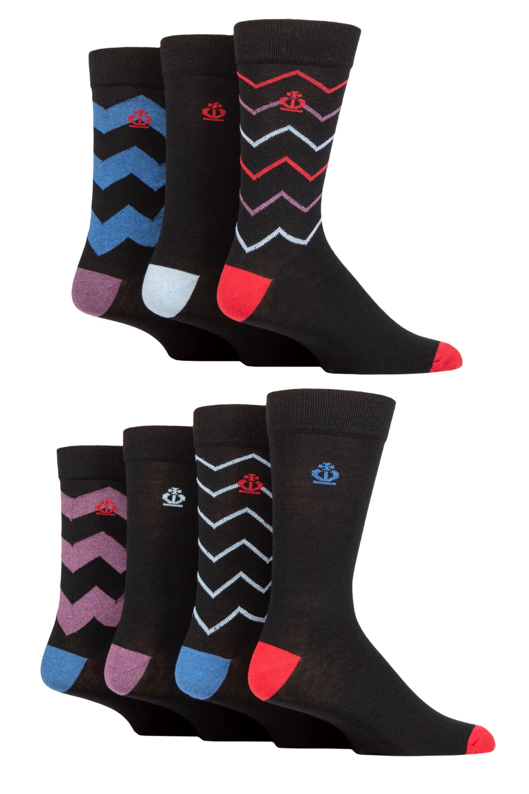 Jeff Banks Men's Zig Zag Stripes Black Recycled Cotton Patterned Socks Pack Of 7 7-11