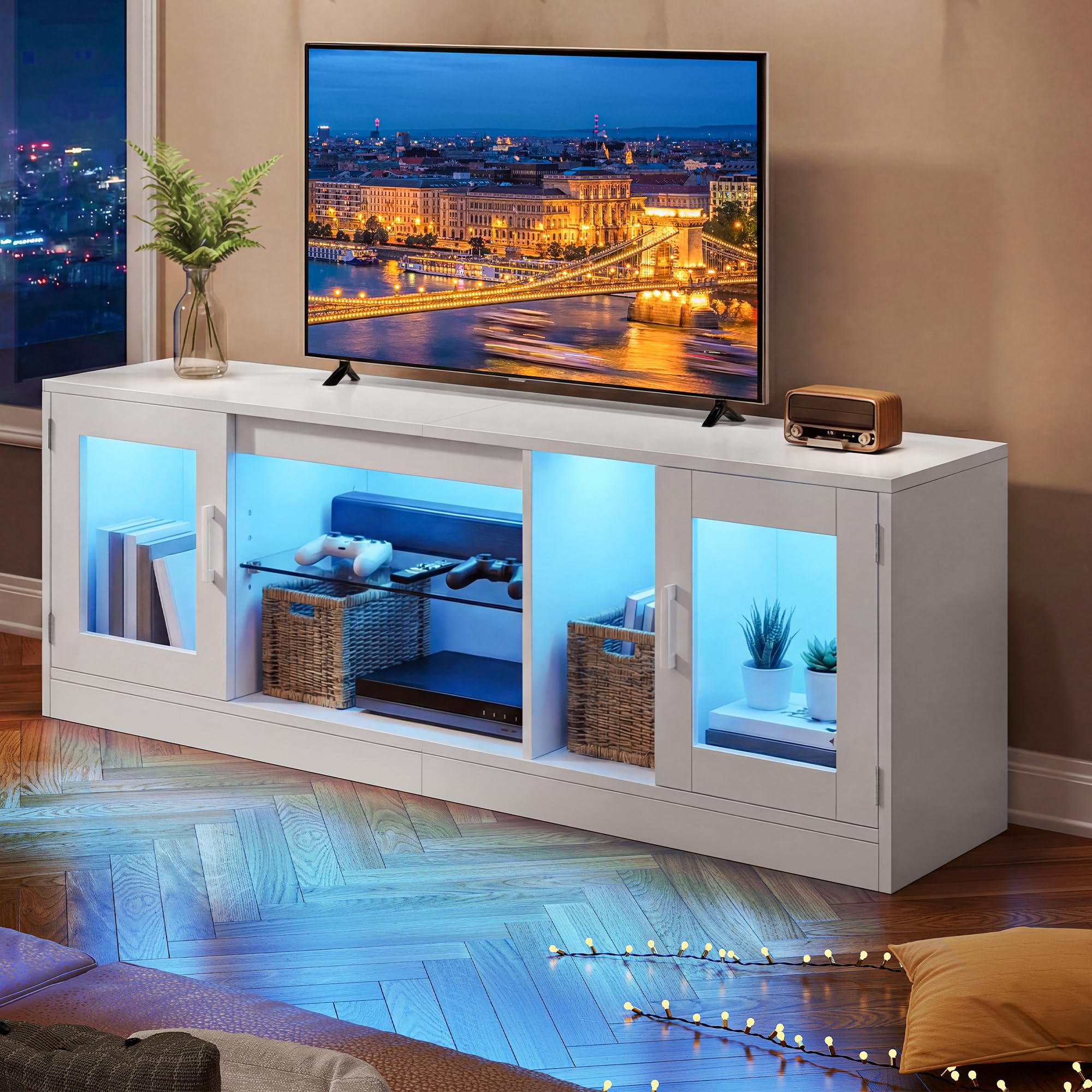 YITAHOME Mobile TV da 160 cm con 7 LED RGB, con 2 armadi chiusi, 3 ripiani aperti e ripiano in vetro regolabile, moderno centro di intrattenimento per soggiorno, 160 x 32 x 51 cm