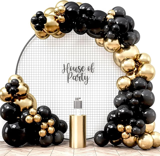 HOUSE OF PARTY Black and Gold Balloon Arch Kit - 99 Pcs Metallic Black and Gold Balloons Garland for Wedding, Anniversary, Graduation & Bachelor Party Supplies