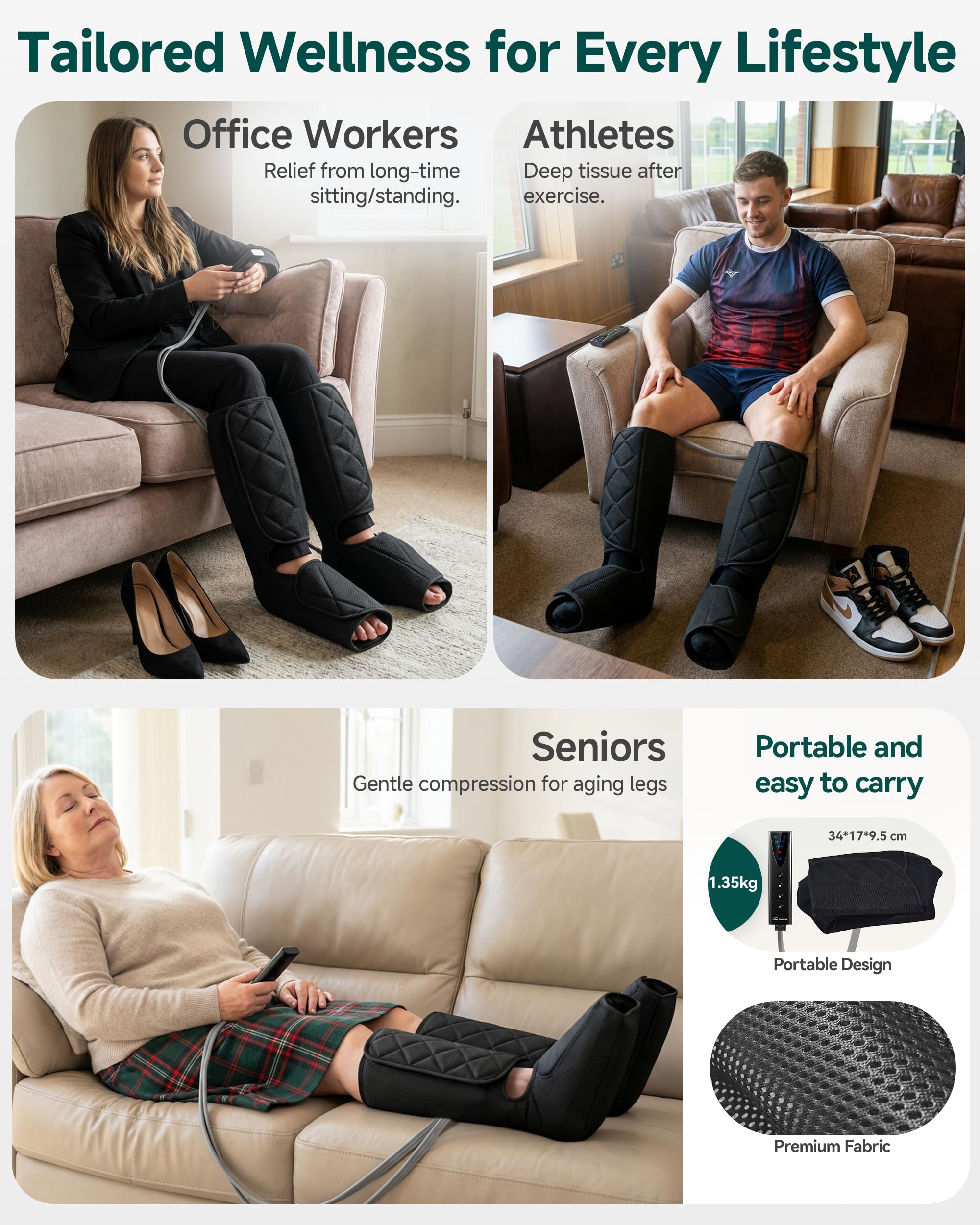 Snailax Appareil de massage pour jambes avec chaleur et compression, 3 modes 3 intensités, massage des mollets et des pieds, télécommande, cadeau pour hommes et femmes