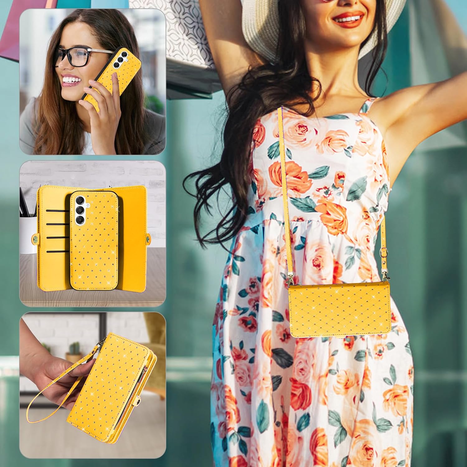 Phone Case for Samsung Galaxy A16 5G/4G Zipper Wallet Detachable Cell Cover Screen Protector Crossbody Lanyard Strap Bling Glitter Flip Card Holder Slot A 16 16A SM-A166U Women Men Girls Yellow