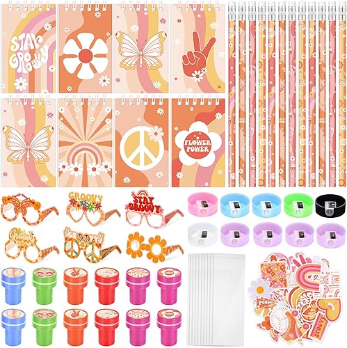 Honoson 122 Pcs Groovy Retro Hippie Party Favors Include Mini Notepads Pencils Badges Sharpeners Paper Glasses Stickers and Plastic Bags for Kids