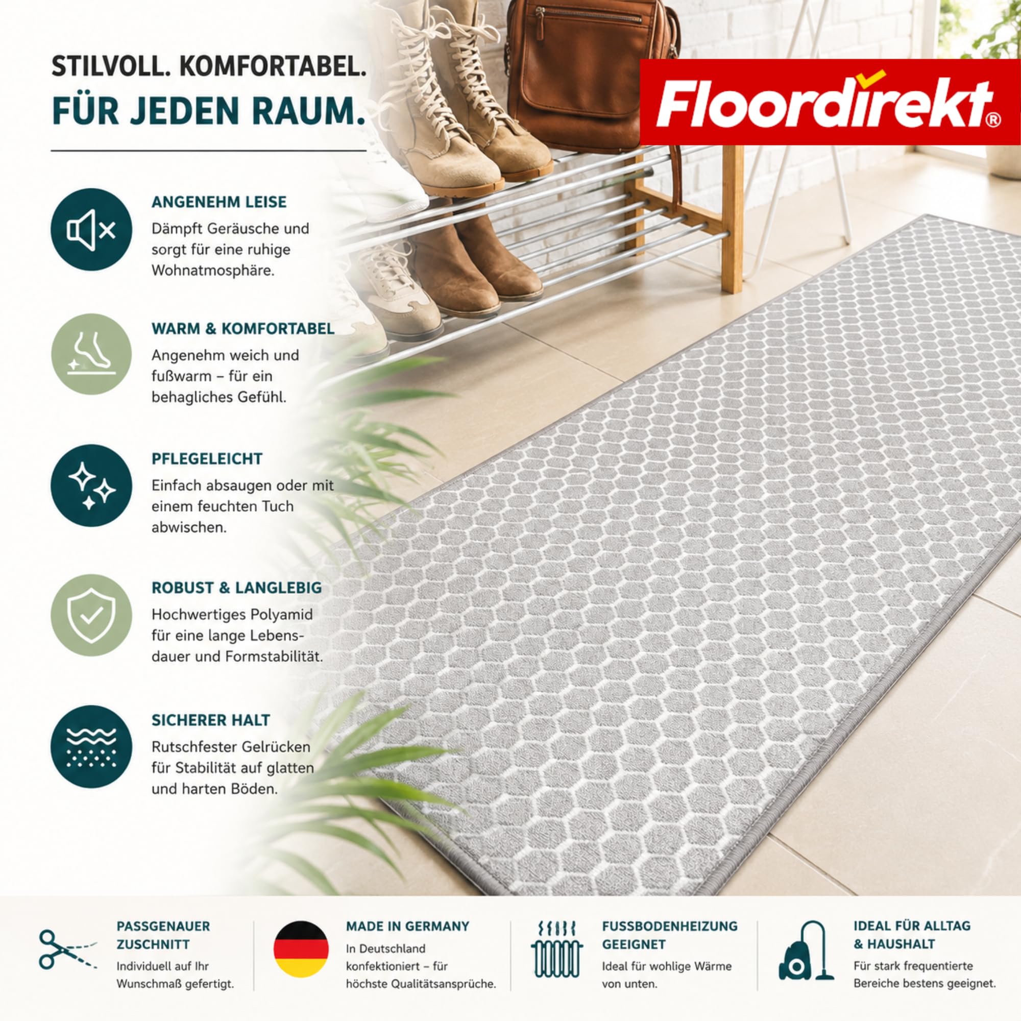 Floordirekt Teppichläufer Tralee 80 x 600 cm - Läufer für Küche, Flur & Wohnraum - Feinschlingen Teppich - rutschfest & antistatisch - Küchenläufer Flurteppich Flurläufer