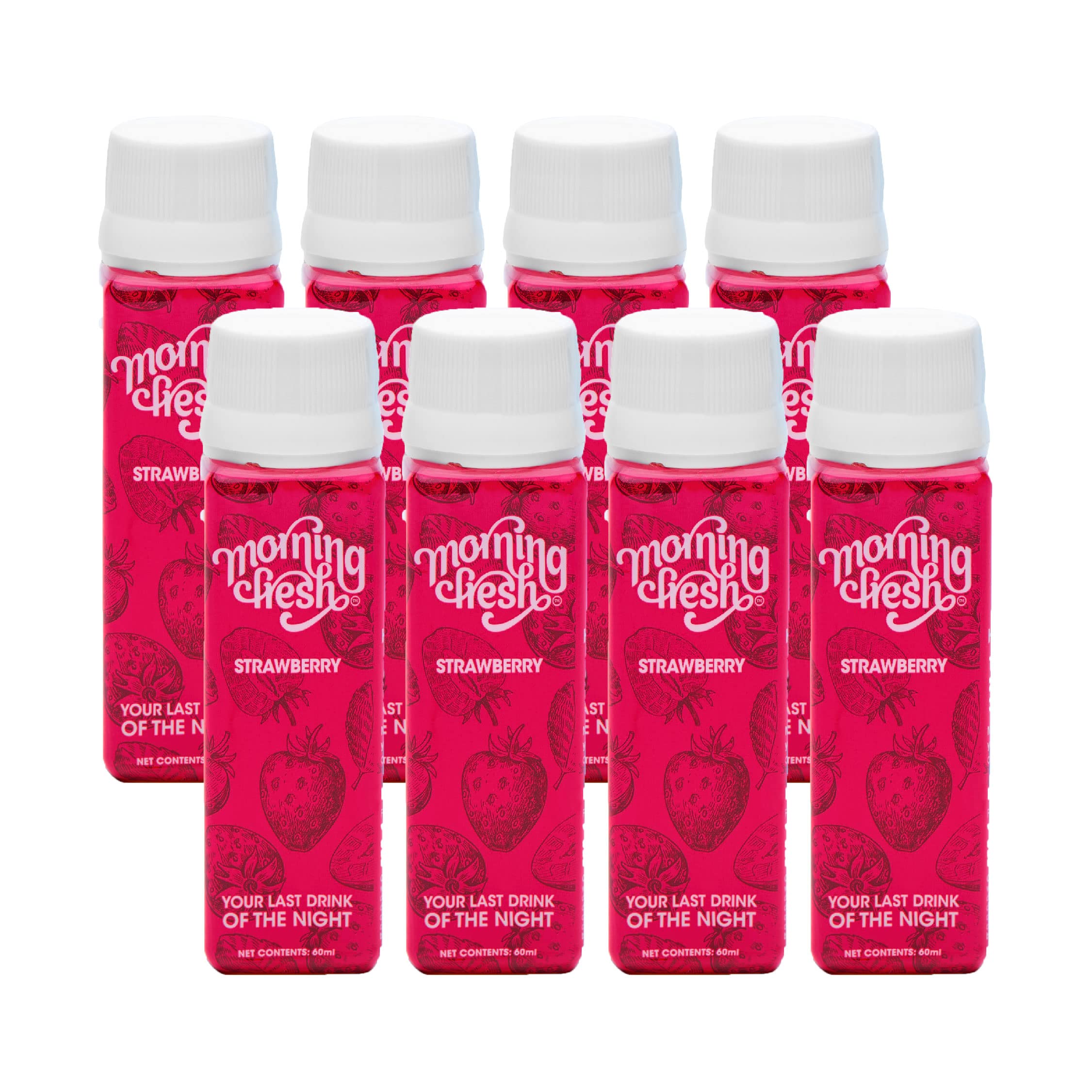 Morning Fresh Hangover Cure and Liver Protection Drink - Strawberry Flavor, Size: 8 Bottles in 1 Box | Helps reduce hangovers | Improves hydration | Clinically proven | Enriched with Vitamin-C, Mulberry Leaf extract & Proteins | No sugar & caffeine | 100% natural & easy-to-carry | Your last drink of the night & Wake up Fresh