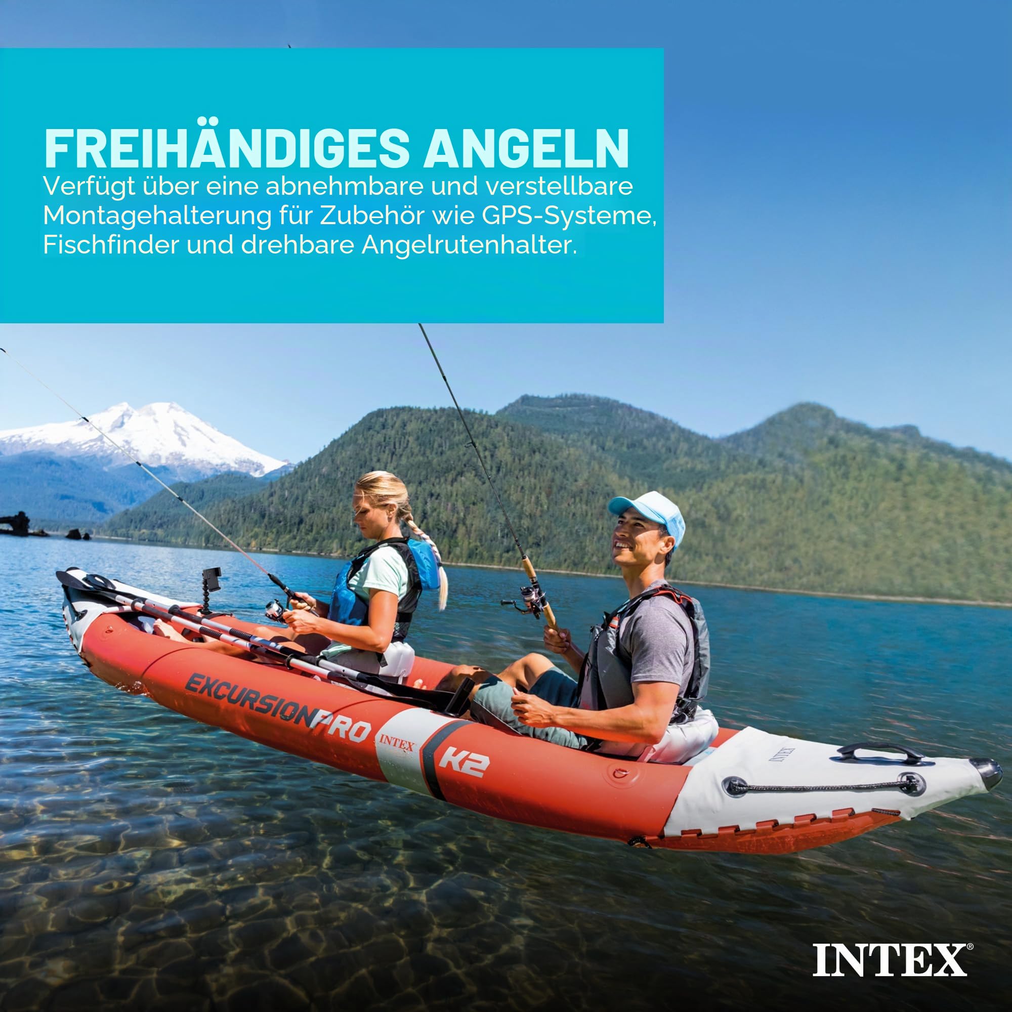 INTEX Excursion Pro Aufblasbare Kajak-Serie - inklusive Deluxe 218.4 cm Kajakpaddel und Hochleistungspumpe - SuperTough PVC - Verstellbarer Schalensitz - Angelrutenhalter - Haltegriffe