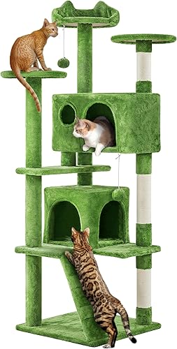 Vista 199 de Yaheetech Árbol para gatos de varios niveles de 70 pulgadas, torre alta para gatos con condominio, postes rascadores y bola colgante para gatos