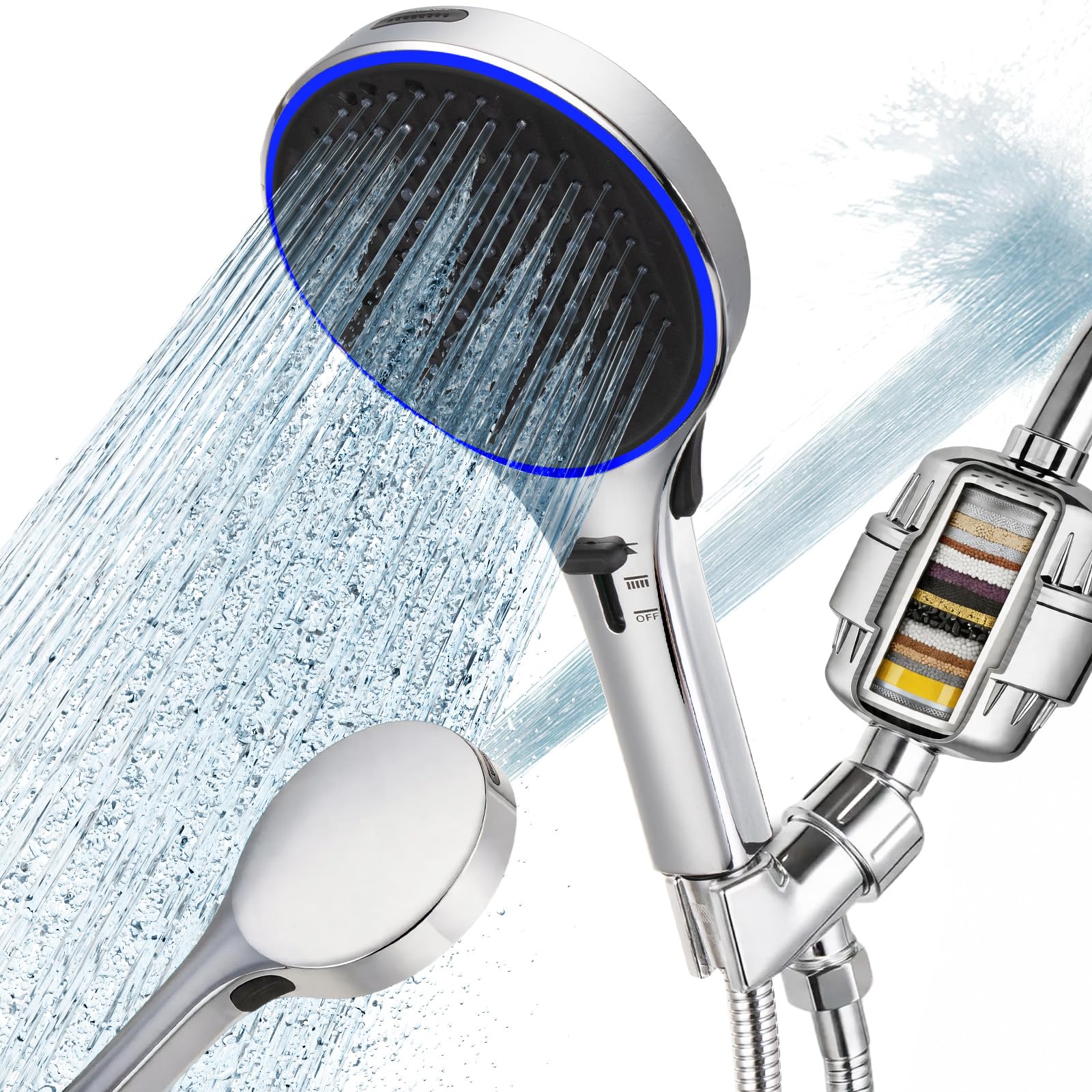 CWPW Soffione doccia con filtro a LED, ad alta pressione, 4 getti con filtro a 20 stadi di vitamina C/E/A, rimuove il cloro, riduce la pelle secca e pruriginosa, cambia colore