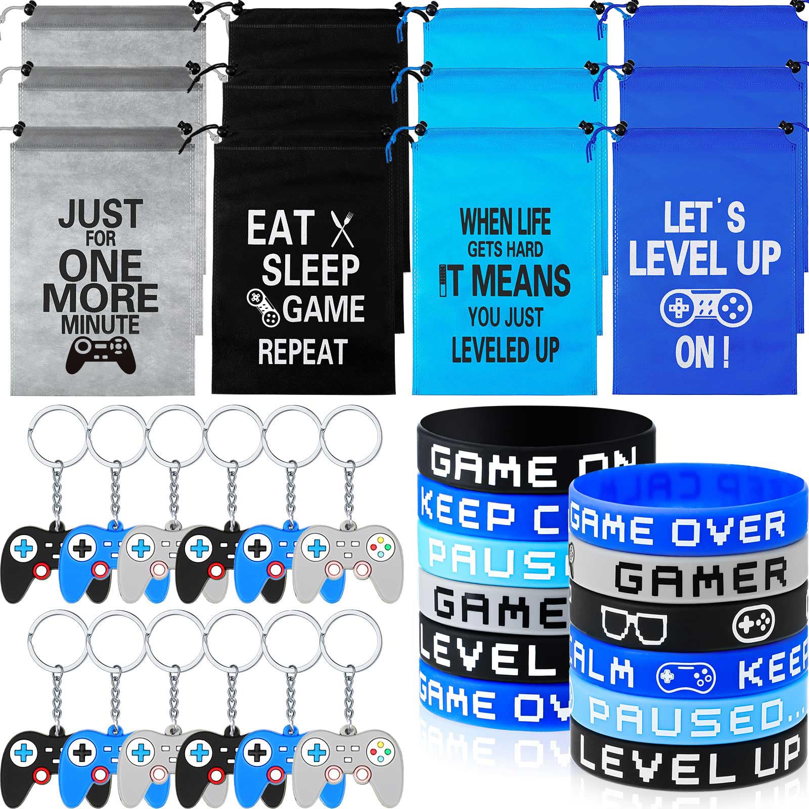 Shappy 36 Pieces Video Game Party Favors Includes Video Game Bracelets Wristbands Gaming Party Bags with Drawstring Game Controller Keychains for