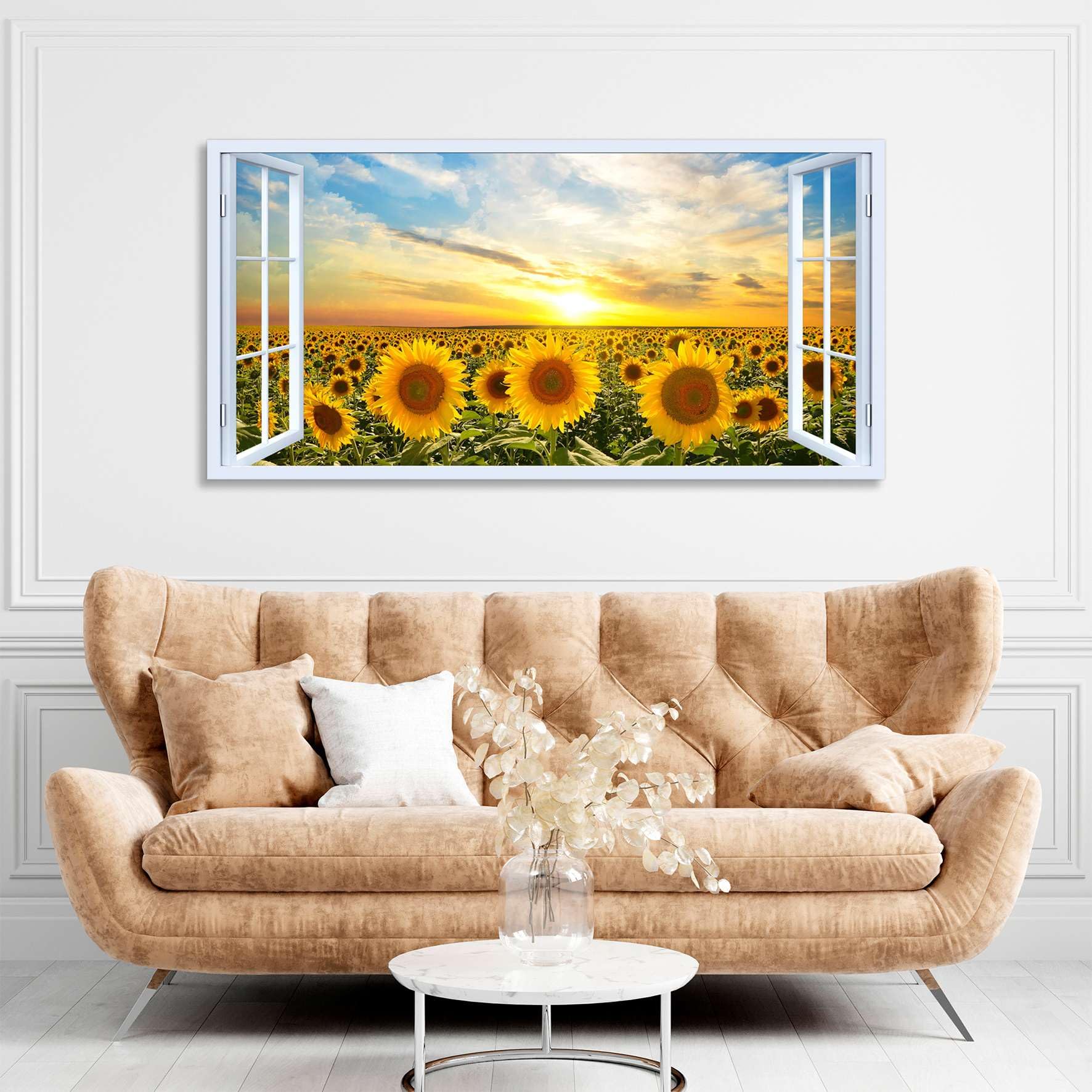 Quadro finestra panorama campo di girasoli tramonto - Stampa su tela con telaio in legno - 120x60 cm