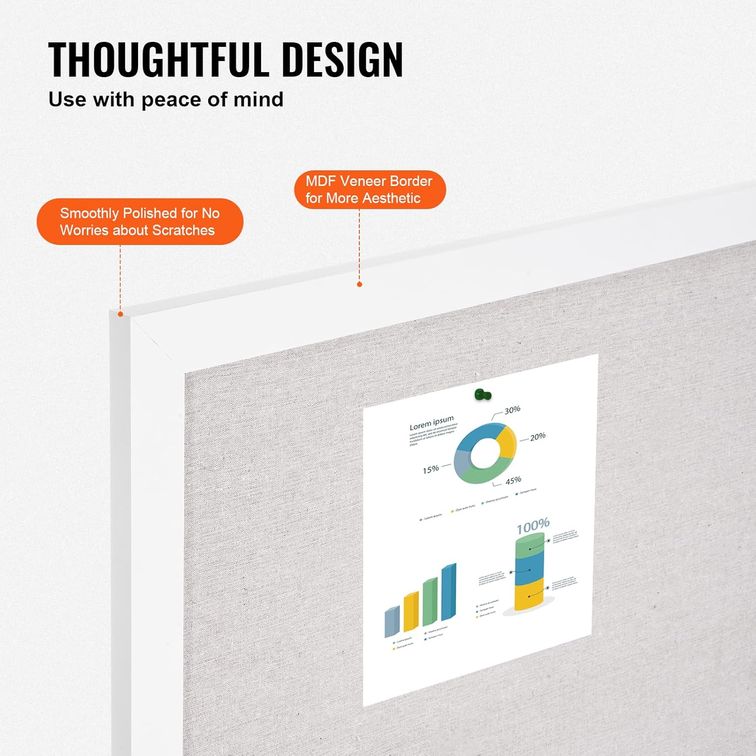 VEVOR 48"x36" White Cork Board with Linen Surface – Stylish Wall-Mounted Bulletin Board for Home, School, Office – Elegant & Functional Noticeboard