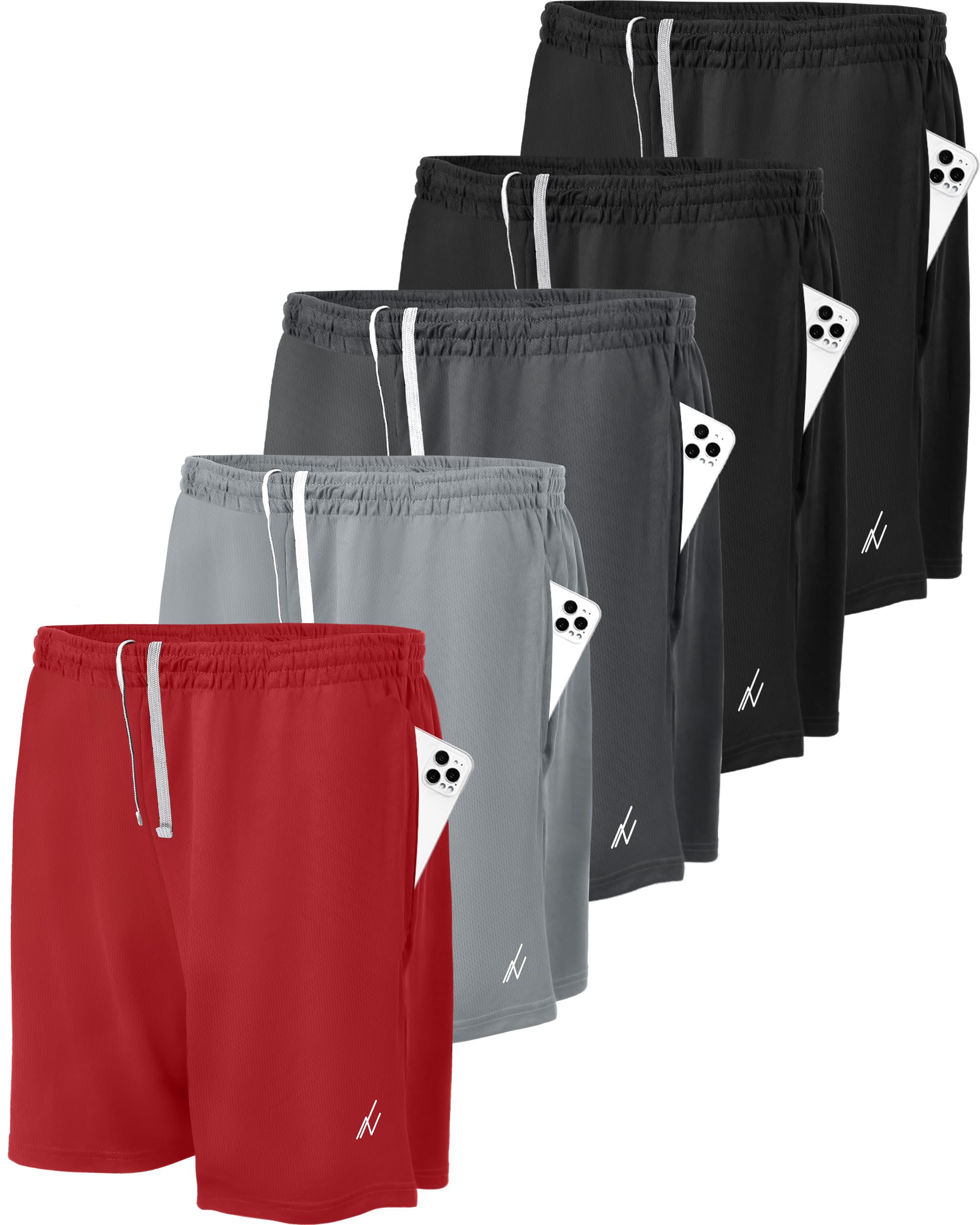 NY Threads 5 Pack Men's Athletic Shorts Quick Dry Loose-Fit Lightweight Running Workout Gym Shorts with Pockets, 3X-Large, Black/Black/Dark Grey/Medium Grey/Red