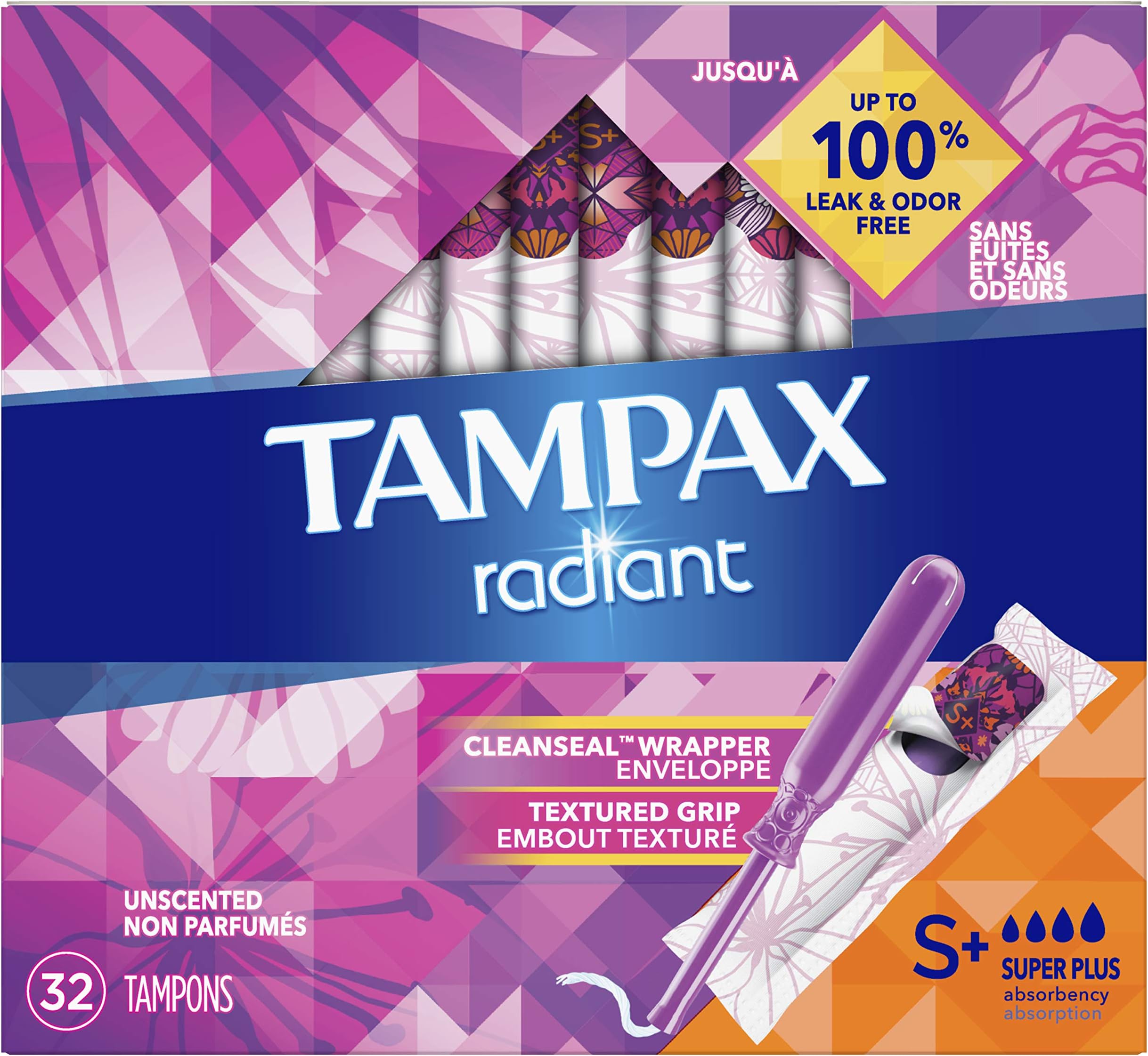 Tampax Radiant Tampons with Plastic Applicator, Super Plus, Unscented, 32 Count (Packaging May Vary)