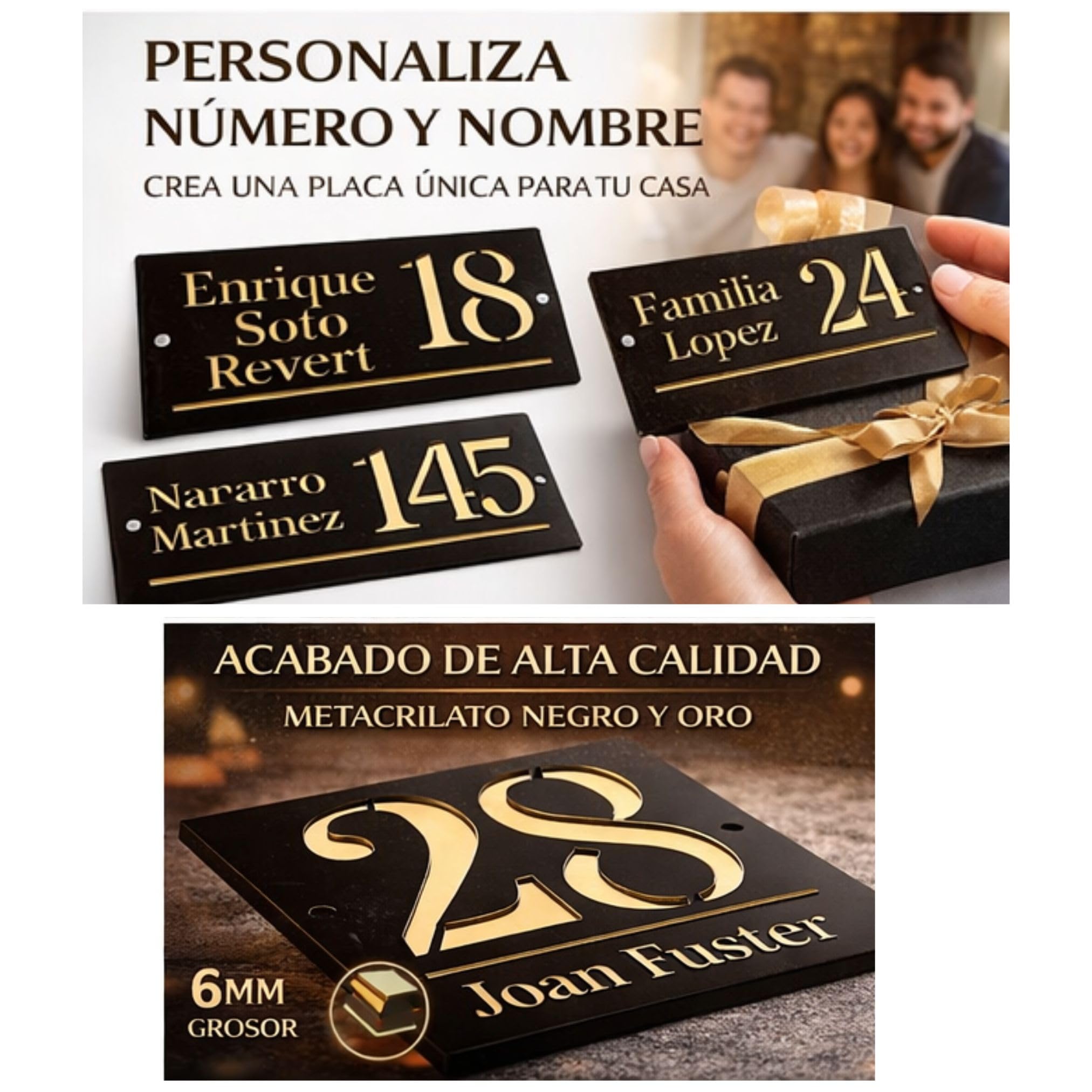 Número de Casa Personalizado con Nombre Placa Exterior Moderna en Metacrilato Negro y Oro – Letrero Dirección Casa Regalo Casa Nueva para Familia Placa Decorativa Olesea