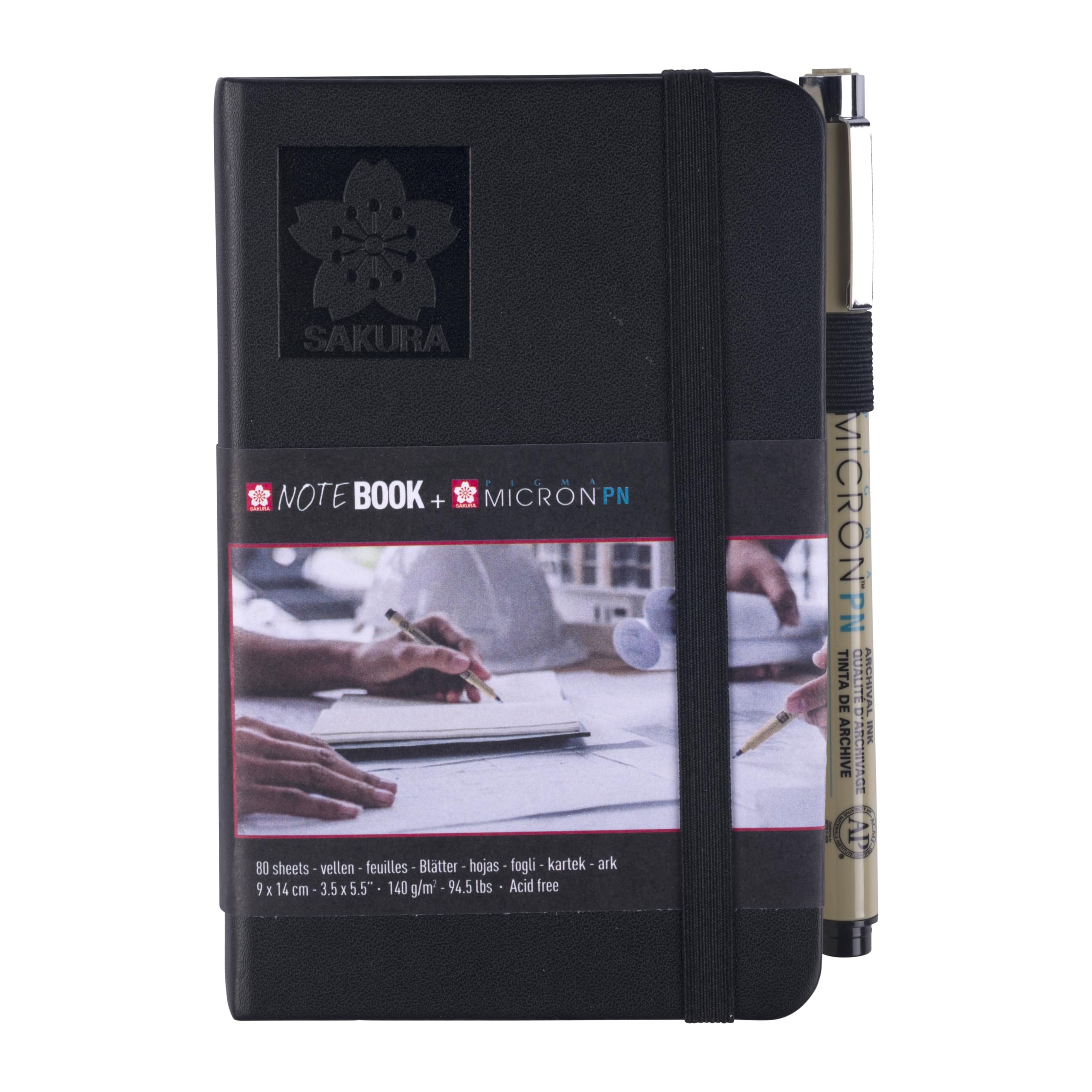 Sakura Sketchbook 9x14cm 140gsm Acid-Free Hardcover with Pen Holder & Pigma Micron, Elastic Closure, 80 Cream White Sheets