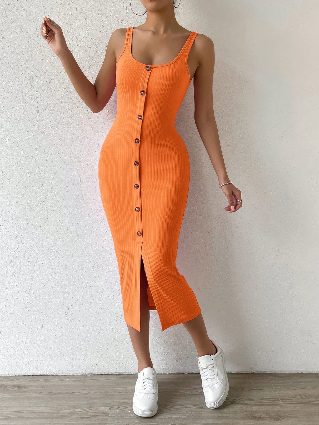 Amazon.com: Neeno Women's Dresses Button Front Ribbed Knit Tank Dress Dress  for Women (Color : Orange, Size : Medium) : Clothing, Shoes & Jewelry