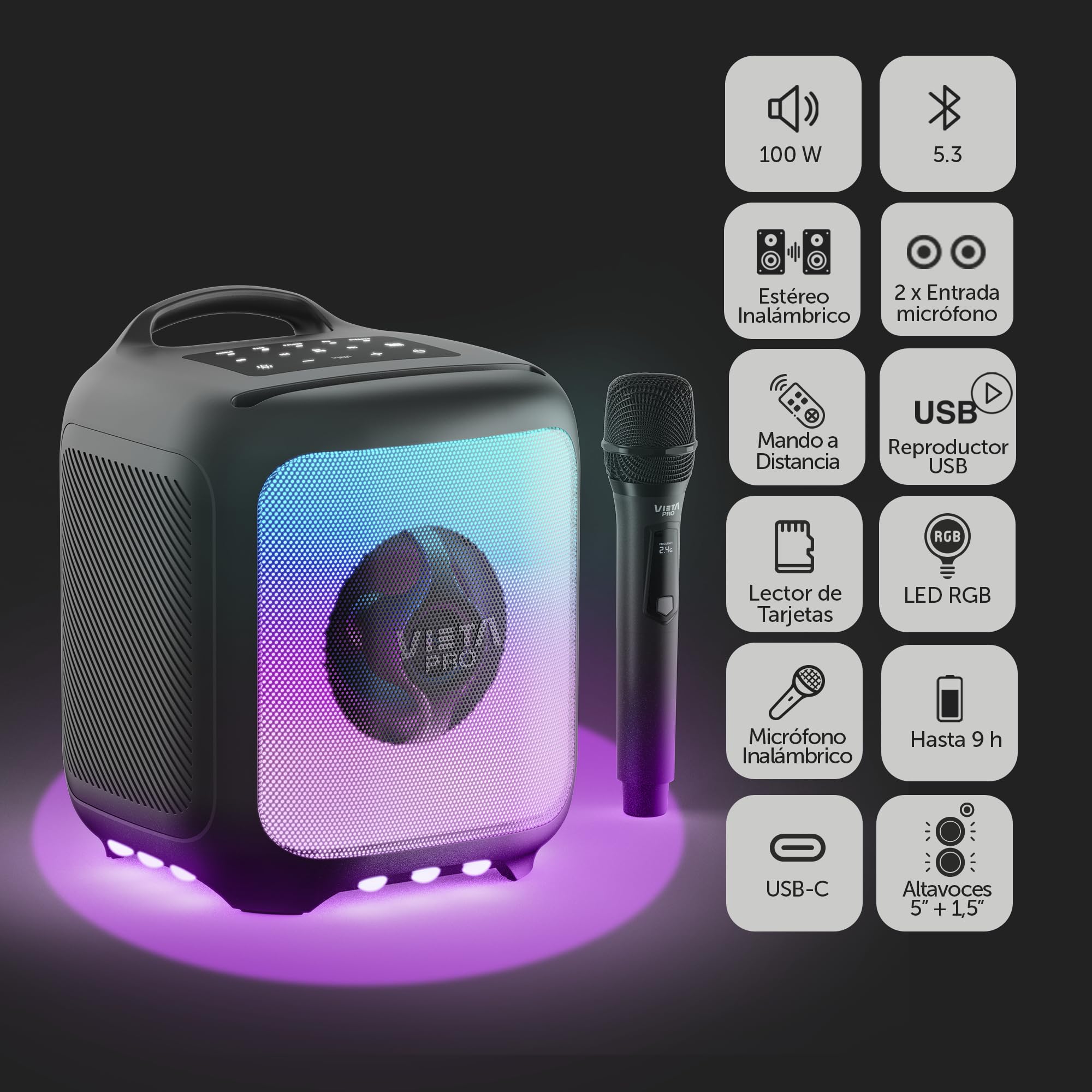 Vieta Pro Party 55 Enceinte Bluetooth 5.3 puissante 100 W avec lumières LED RVB, batterie 9H, TWS, USB, microSD, karaoké avec microphone et télécommande, double entrée microphone, portable pour fêtes