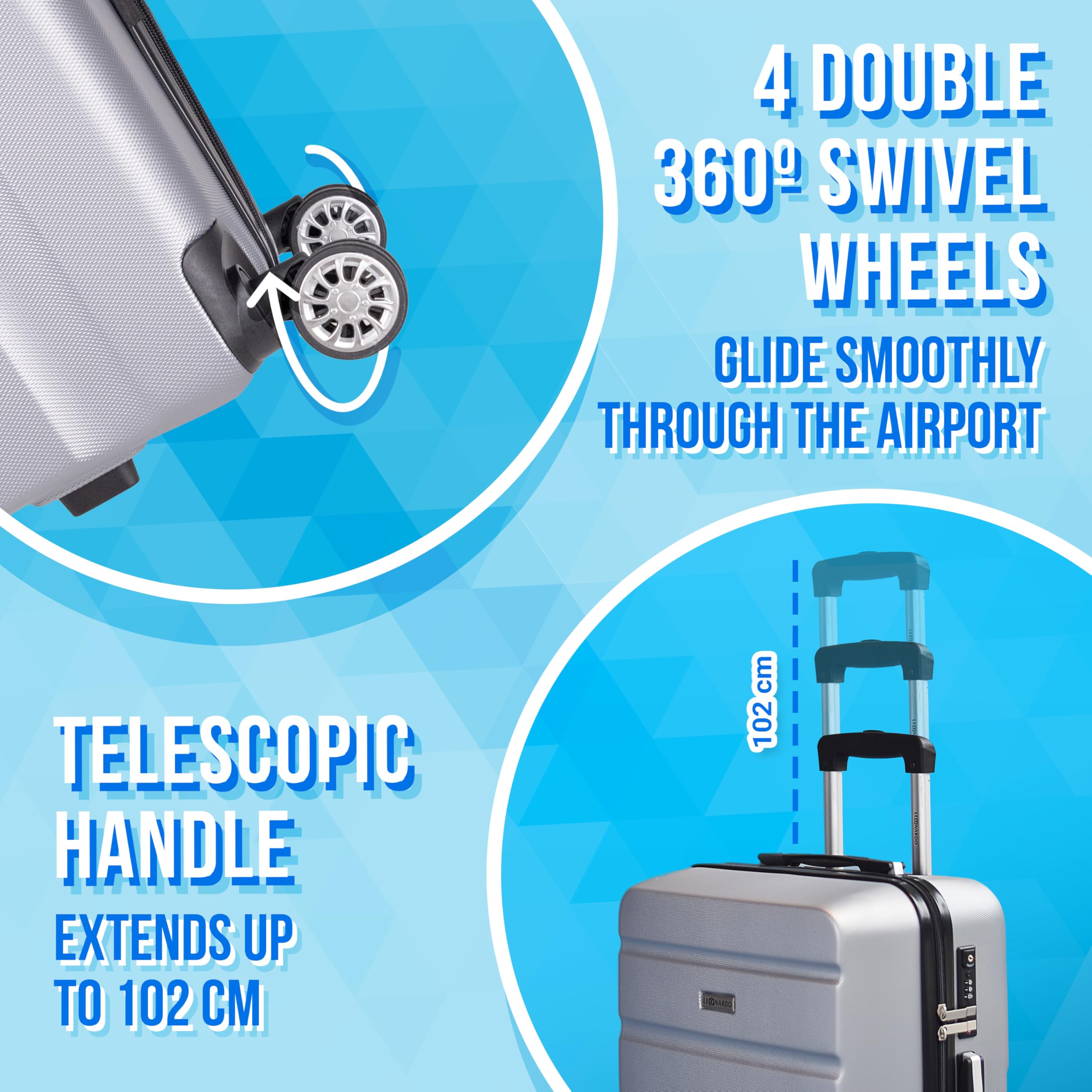 Leonardo® Set de 3 Valises avec Serrure TSA | Valise Cabine de Voyage | Bagage Moyenne | Grande Taille | avec 4 Roues Doubles | Hard Case | S-M-L Set | Venice | Argent