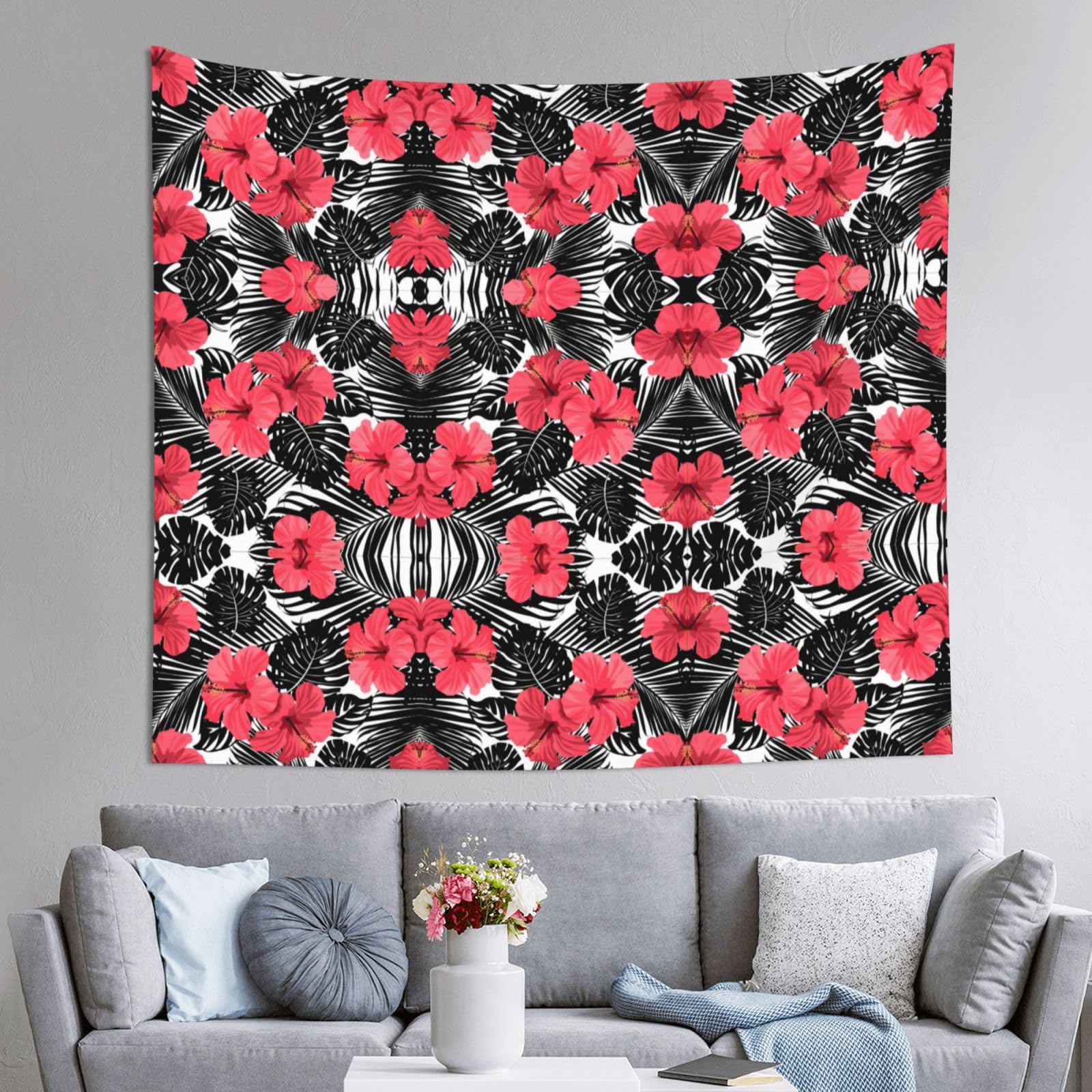 HLSBSSL 60x51in Red Hibiscus Printed Tapestry Tablecloth for Dormitory and Picnic Rooms - Multifunctional Fabric Hanging