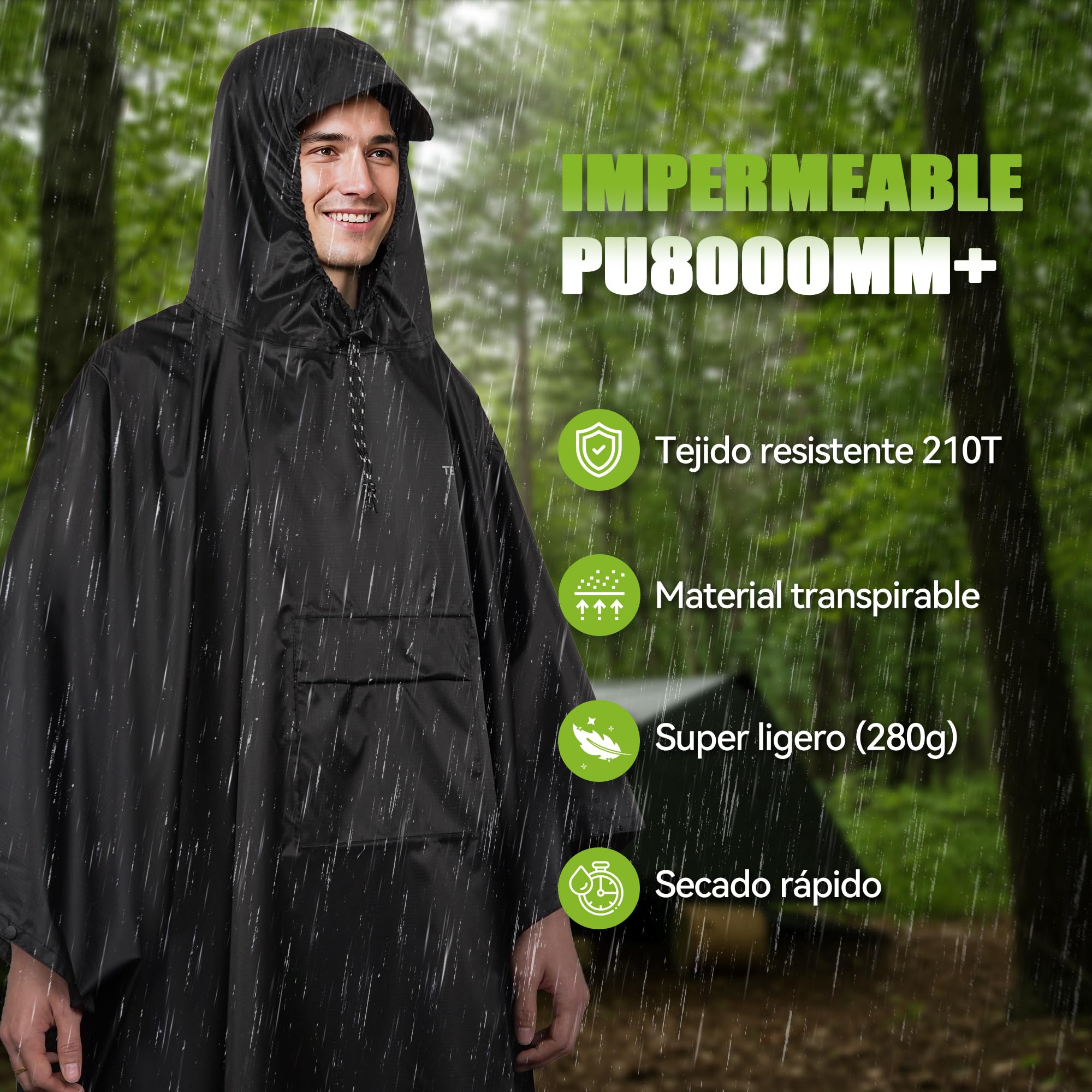 TechRise Chubasquero Poncho Impermeable, Ultraligero y Compacto, Poncho Unisex en Eva con Capucha, Multifuncional Reutilizable para Senderismo, Camping, Pesca, Ciclismo