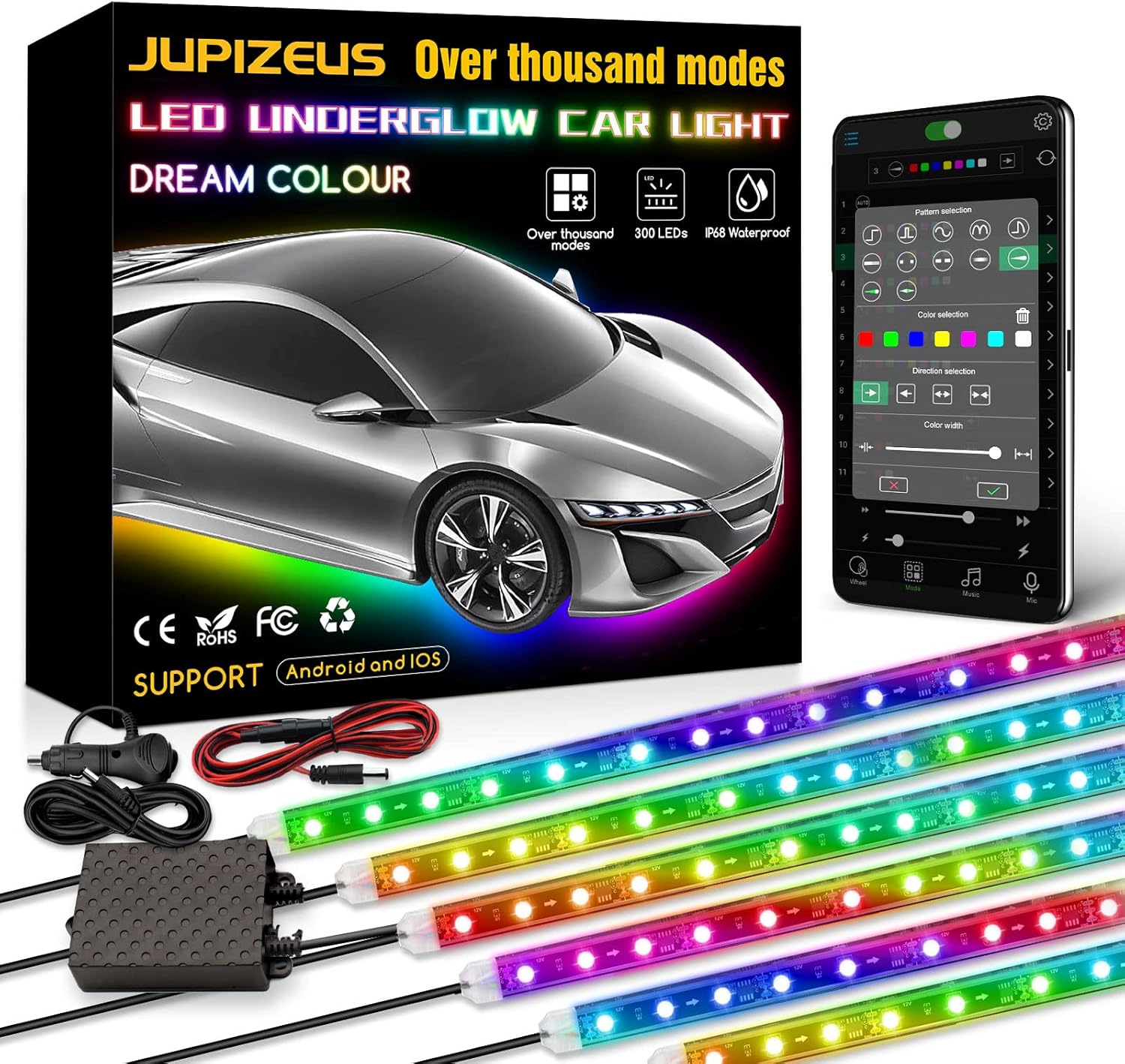 Car Underglow LED Light, Music Sync, Over 1000 DIY Modes, IP68 Waterproof,300 LEDs, RGB 16 Million Colors Dream Color Chasing, App Bluetooth Control, 6 Pcs Exterior Strip Lights Kit, DC 12V