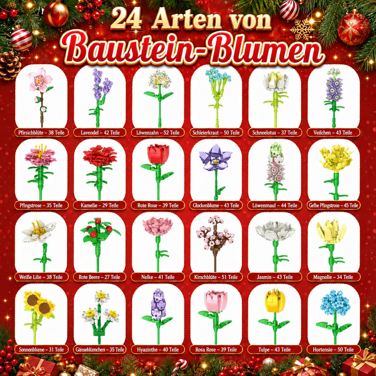 Calendrier de l'Avent 2025 Building Blocks Fleurs 24 jours Calendrier de l'Avent 24 jours – Blocs de construction Fleurs 24 Surprise (Fleurs)