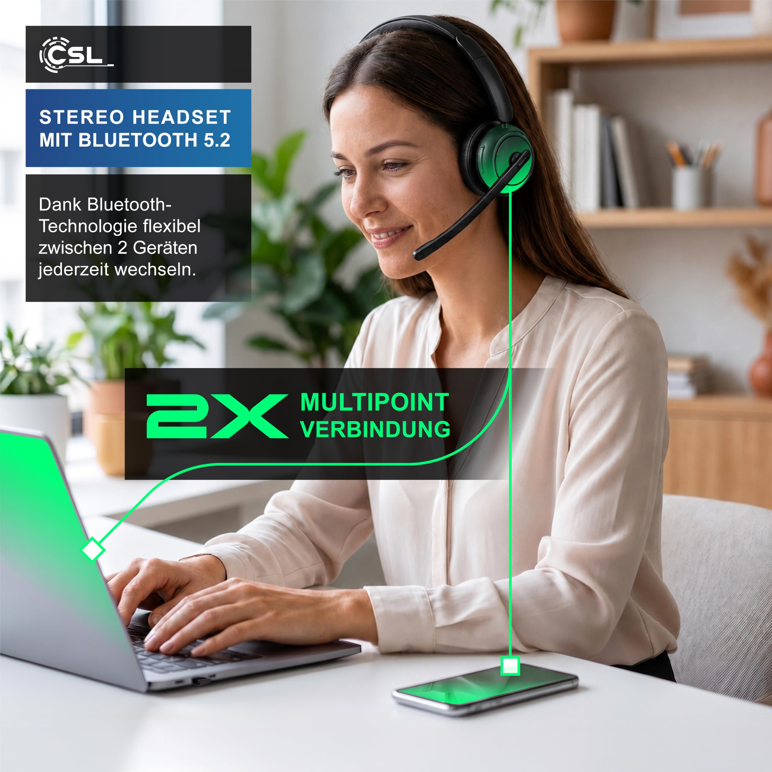 CSL - Bluetooth 5.2 Headset mit Ladestation - Wireless Dongle – 2,4 Ghz – Multifunktionstaste – Dual Connectivity - Multipoint – Stereo Kopfhörer mit Polster - schwarz