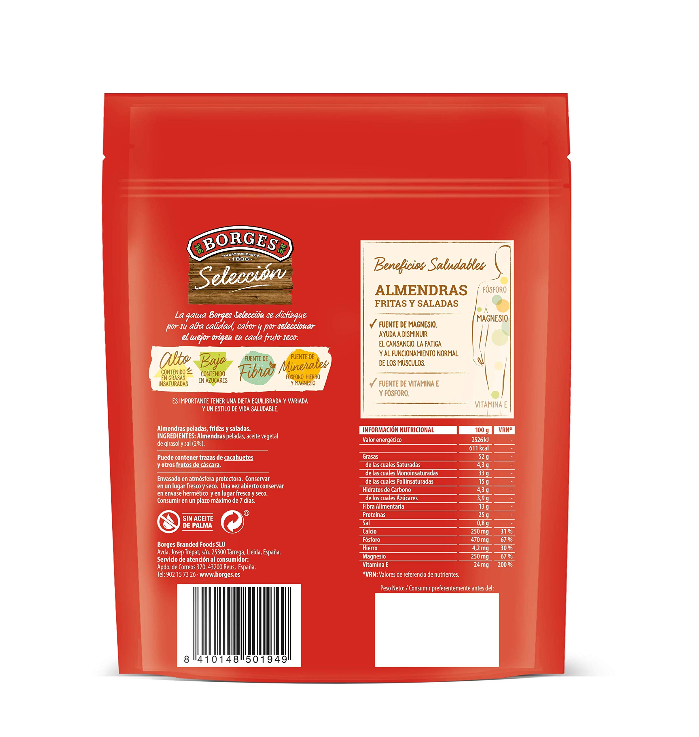 Borges - Almendras Guara Fritas y Saladas Selección Borges - Con alto contenido en vitamina E, Fósforo, Magnesio, Hierro y Calcio - Frutos Secos sin Gluten - Paquete de 160 gramos.