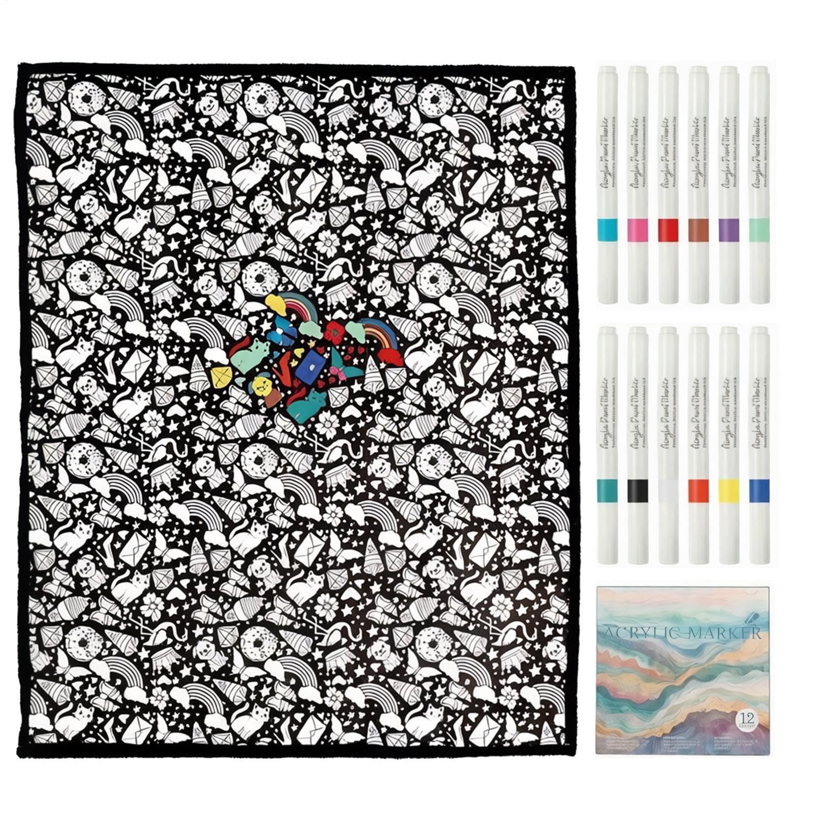 NatureHaven Ausmalbare DIY Waschbare Decke - Wiederverwendbare Malmatte Mit Markern | Ausmaldecke Für Erwachsene | 59x53 Zoll Dünner Samt Kreative Kunst Individuell Gefärbte Stoffdecken, 24 Buntstifte